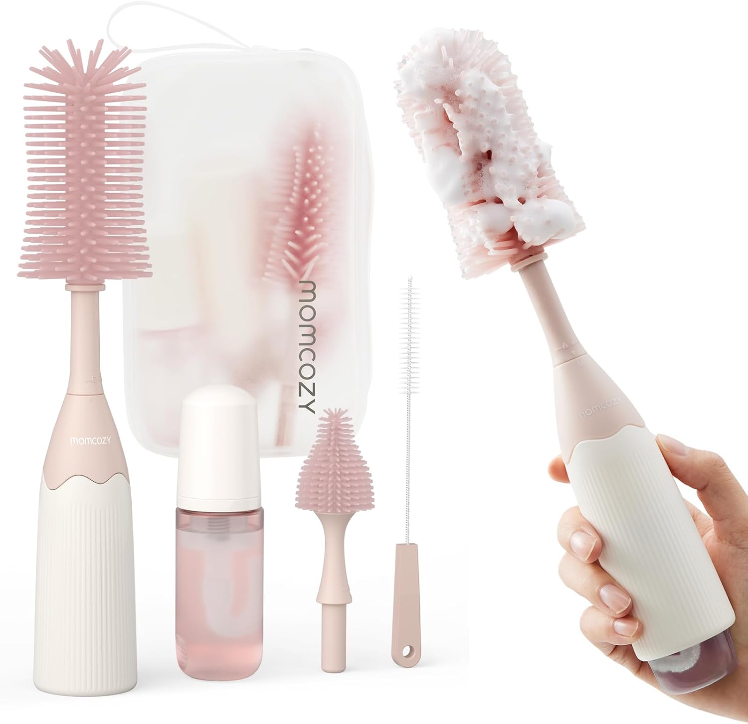 Silicone Baby Bottle Brush Set with Push-Press Foam Dispenser – Portable 3-Piece Cleaning Kit for Breast Pumps, NipTLes, and Straws in Pink