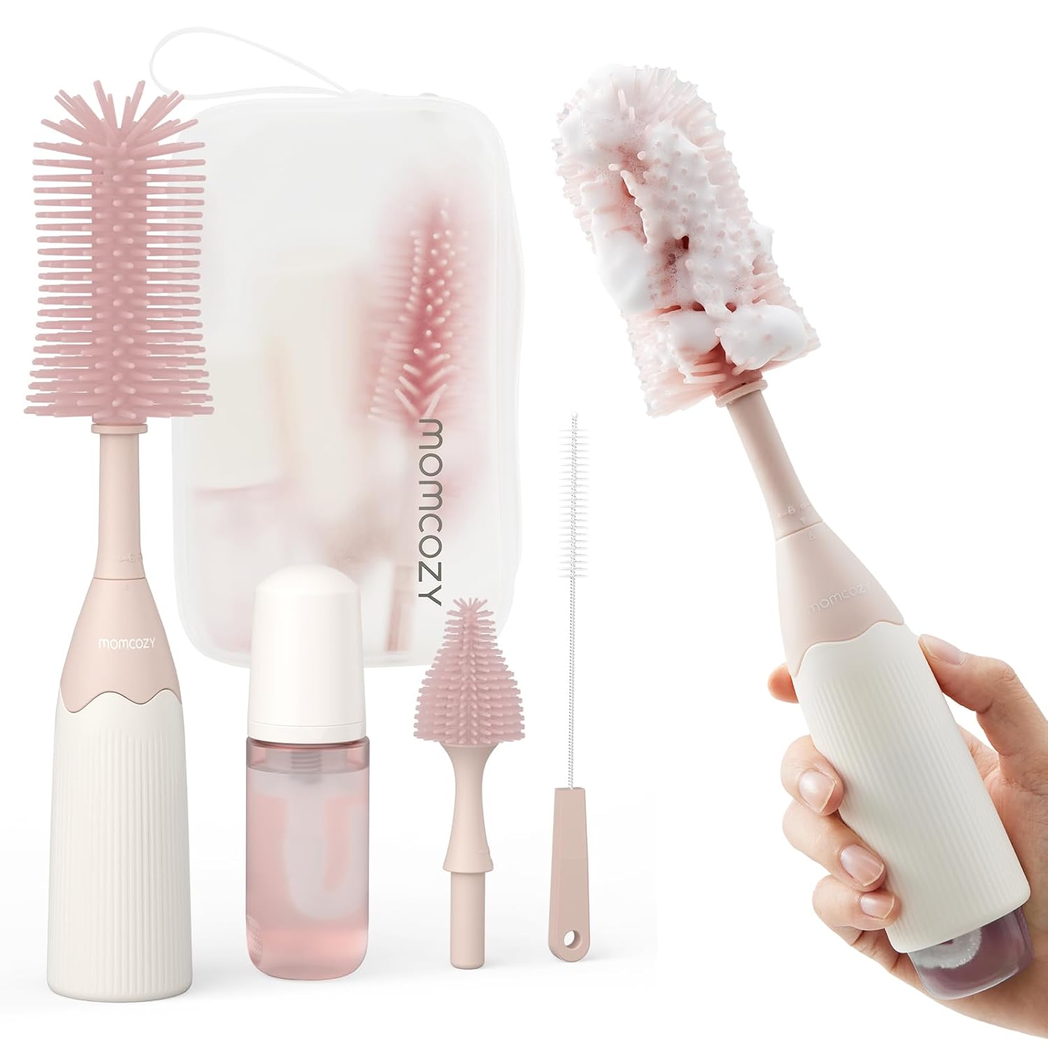 Momcozy Bottle Brush Kit, Innovative Push-Press Design for Better Cleaning - Baby Bottle Cleaner Brush for Baby Bottle, Breast Pumps, NipTLes, and More - Can Generate Foam for Better Cleaning, Pink