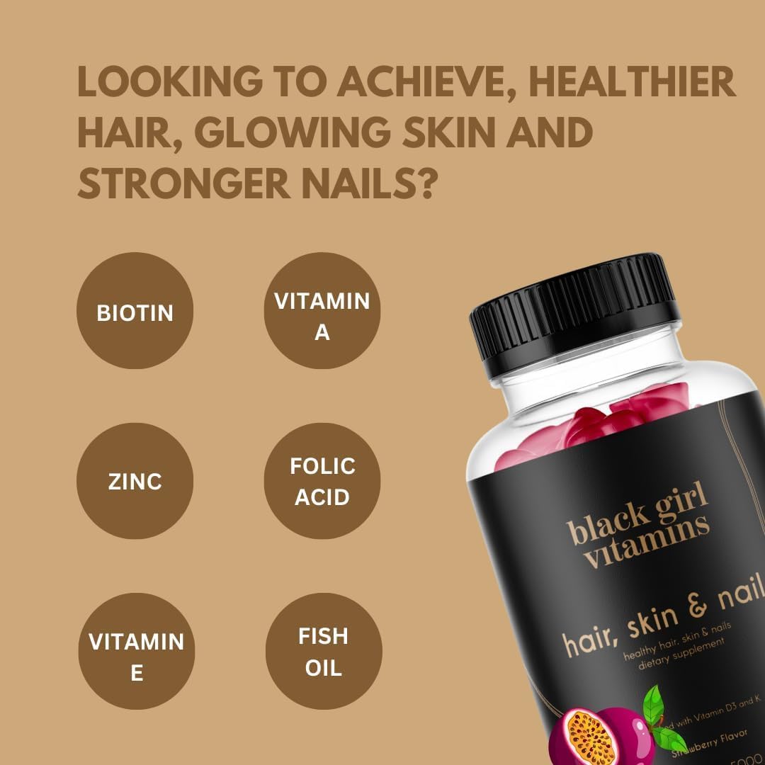 Black Girl Vitamins - Hair, Skin, and Nails Gummies with Biotin (6000 mcg), Zinc, Gelatin Free, Vitamin A, and Vitamin E - Gluten-Free. Made in The USA (Passion Fruit, 60 Count) 30 Day SupTLy
