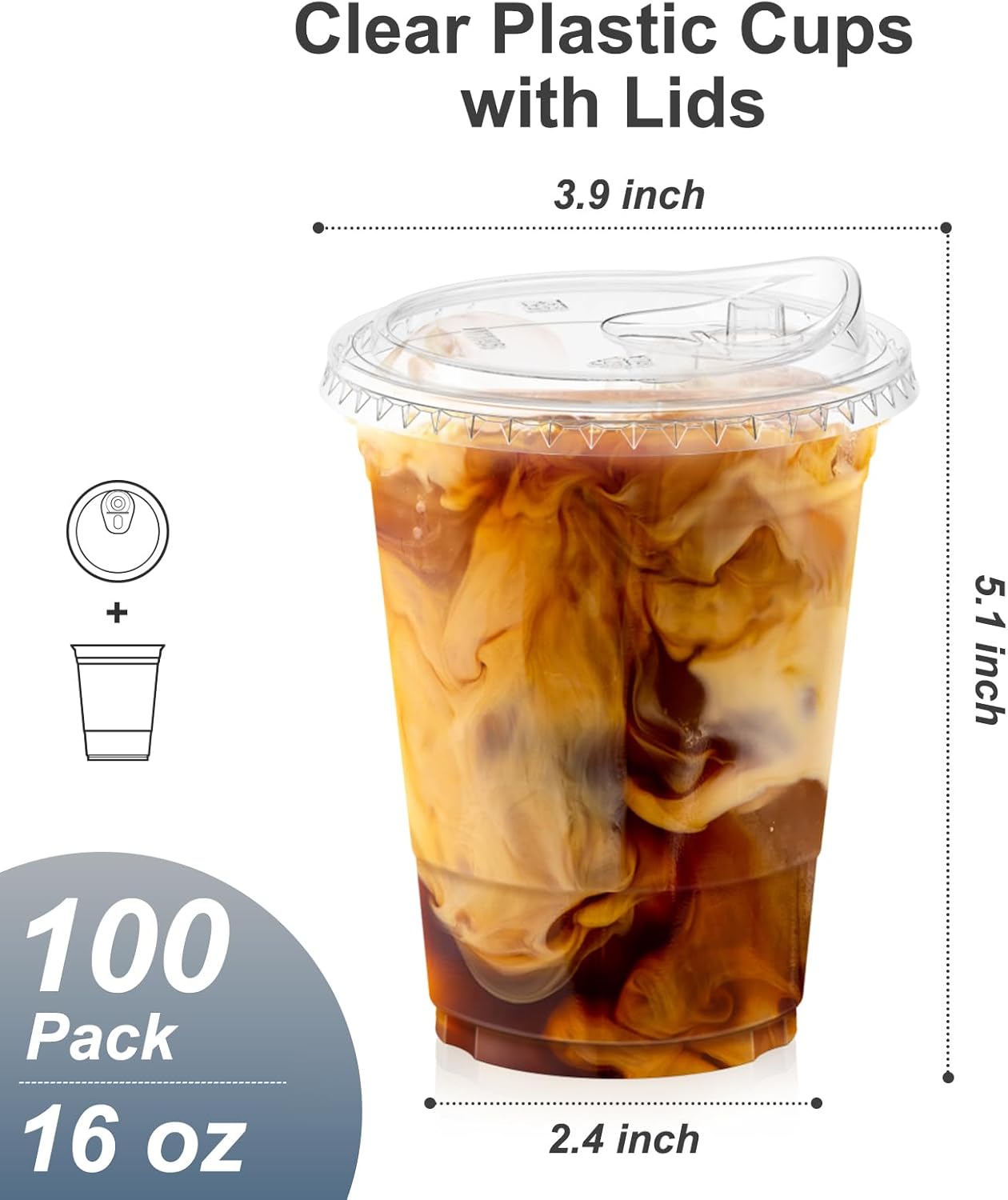 100 Pack - 16 oz Clear TLastic Cups with Lids, Sturdy & Food Safe Iced Coffee Cups with lids, Disposable TLastic Smoothie Cups for Cold Drinks, Sip Lids