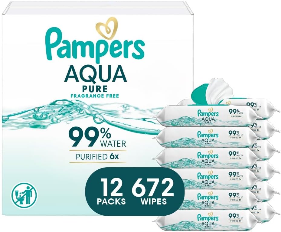 Pampers Baby Wipes Aqua Pure, 99% water-based wipes, Hypoallergenic and Unscented Baby Wipes, 672 Wipes Total (12 Flip-Top Packs)
