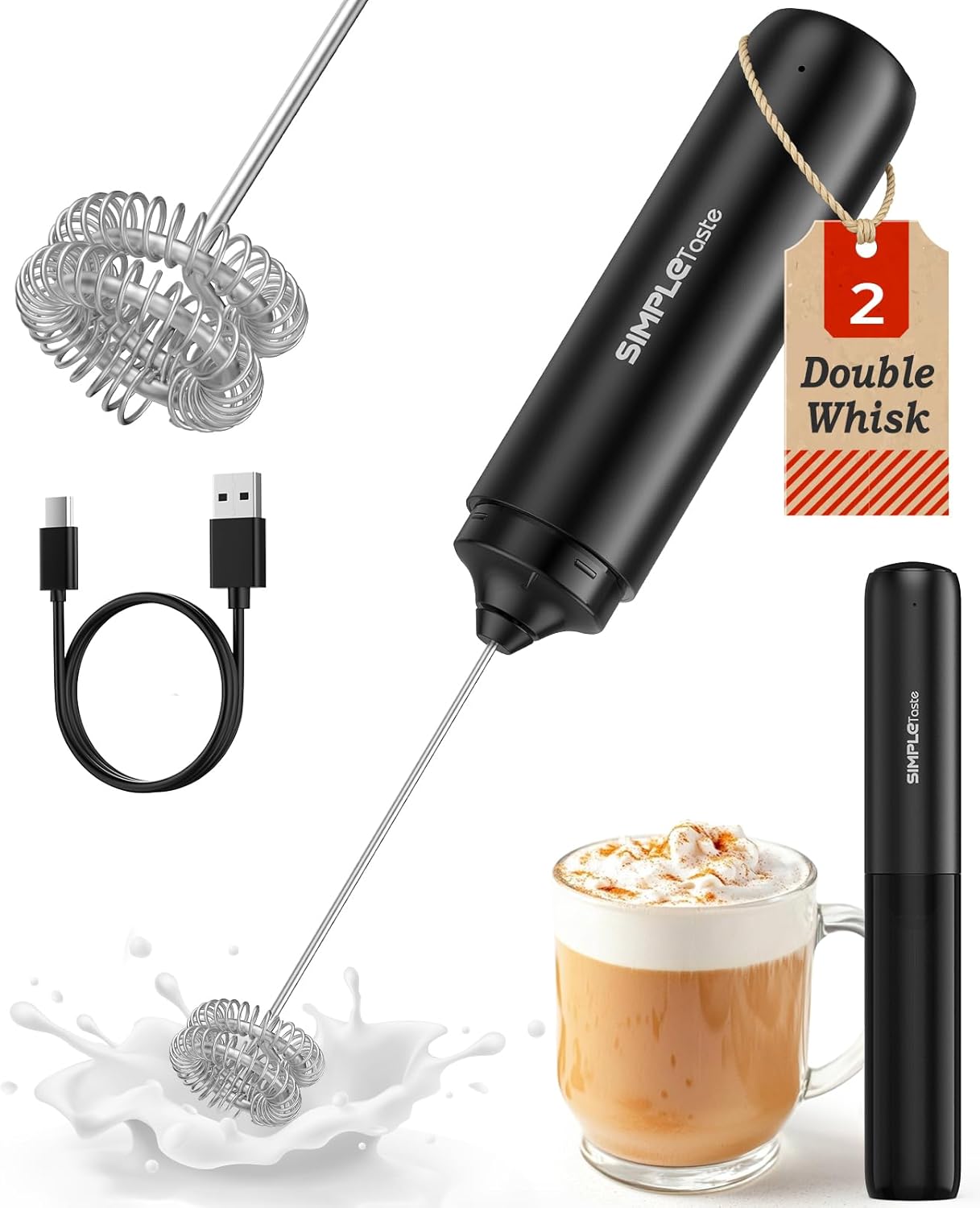 SIMTLETaste Rechargeable Milk Frother Wand Handheld, Dual Coil Whisk Head Drink Mixer, USB-C Electric Whisk with Stainless Steel Whisk for Coffee, Lattes, Cappuccino, Matcha, Hot Chocolate& Creamer