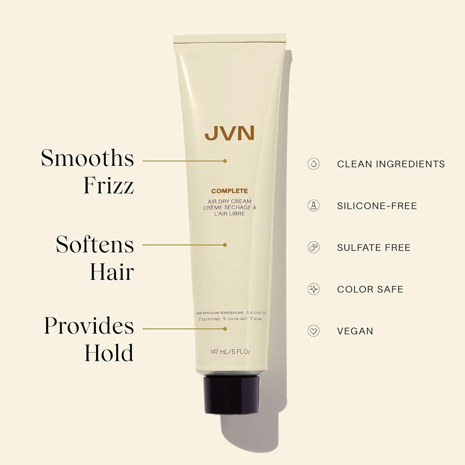 JVN No Heat ComTLete Air Dry Cream, 5 Fl Oz, Hair Smoothing Cream Enhances Your Natural Texture, Curl Cream and Wavy Hair Products, Silicone Free