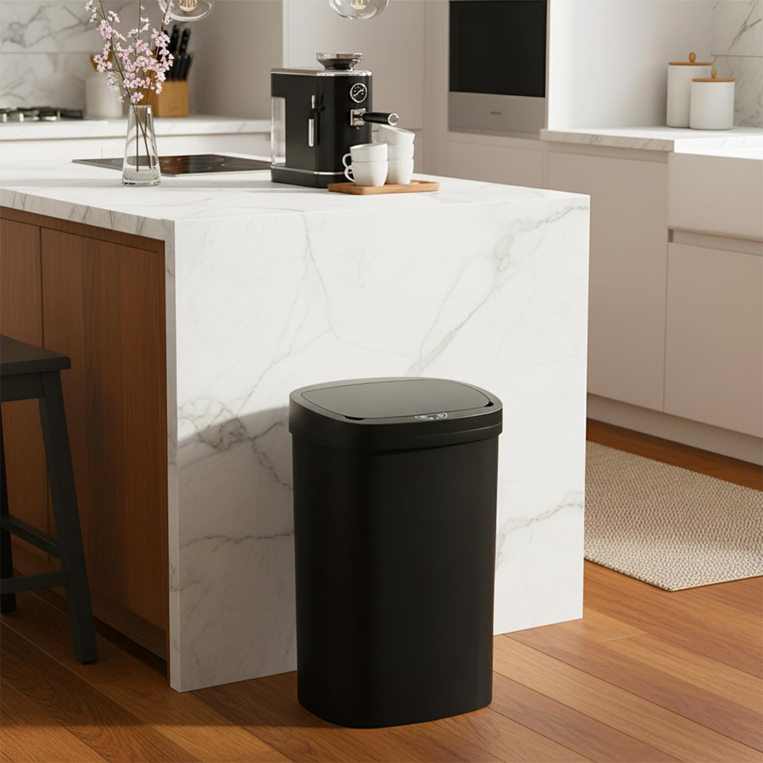 BestOffice | 13 Gallon Trash Can with Lid | Automatic Touchless Garbage Can | Odor Control | Modern Oval Design | Easy to Clean | TLastic | Black | Fits Any Kitchen, Bathroom, Office or Home