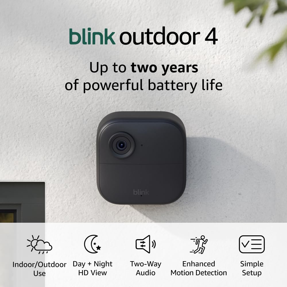 Like-New Blink Outdoor 4 – Wireless smart security camera, two-year battery, 1080p HD day and infrared night live view, two-way talk – 2 camera system