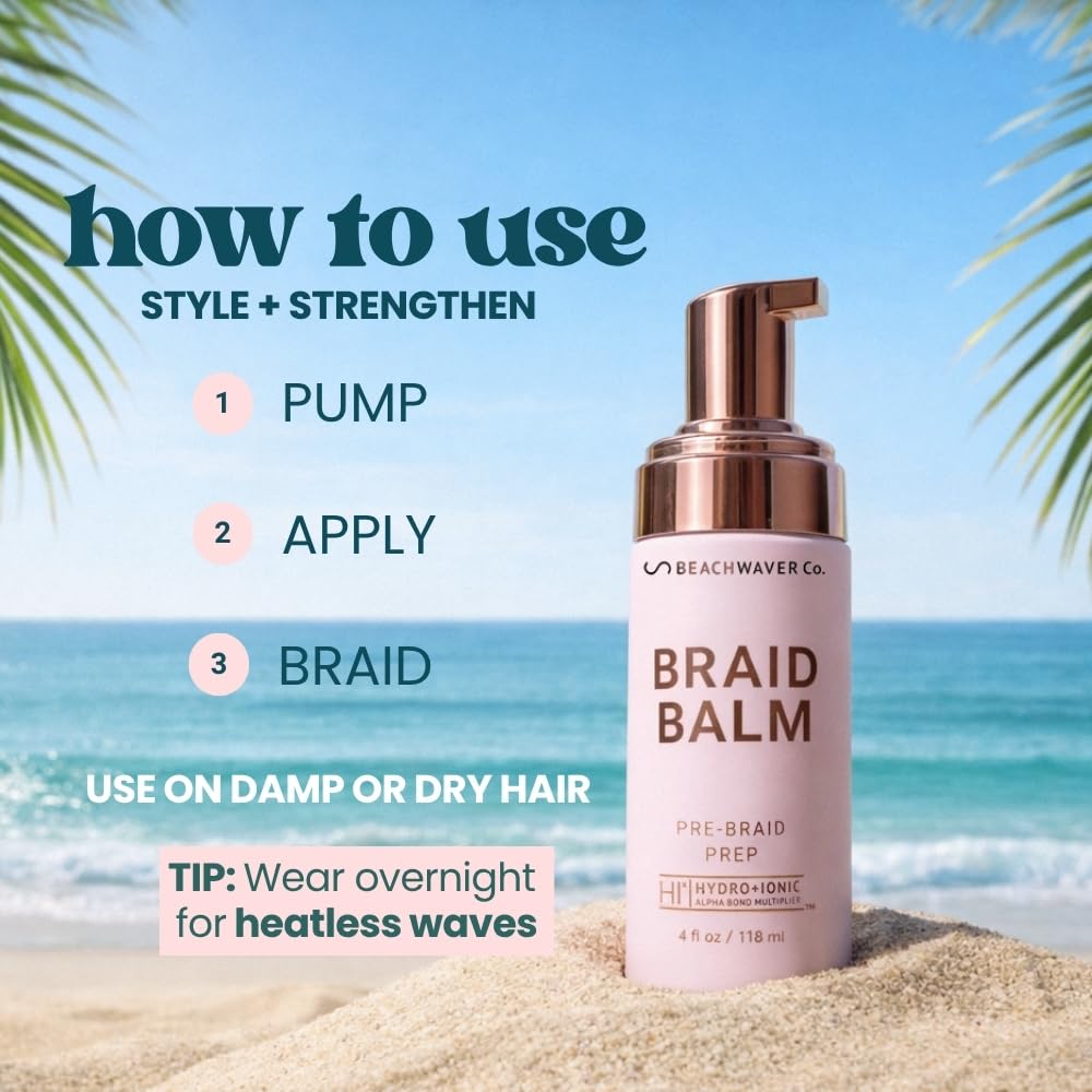 The Beachwaver Co. Braid Balm Pre-Braid Prep - Full Size (4 Fl Oz) | Frizz-Taming Primer Foam | Strengthen and Reduce Flyaways w/HiX Vegan Bond MultiTLiers - For All Hair Types | Bondi Beach Day