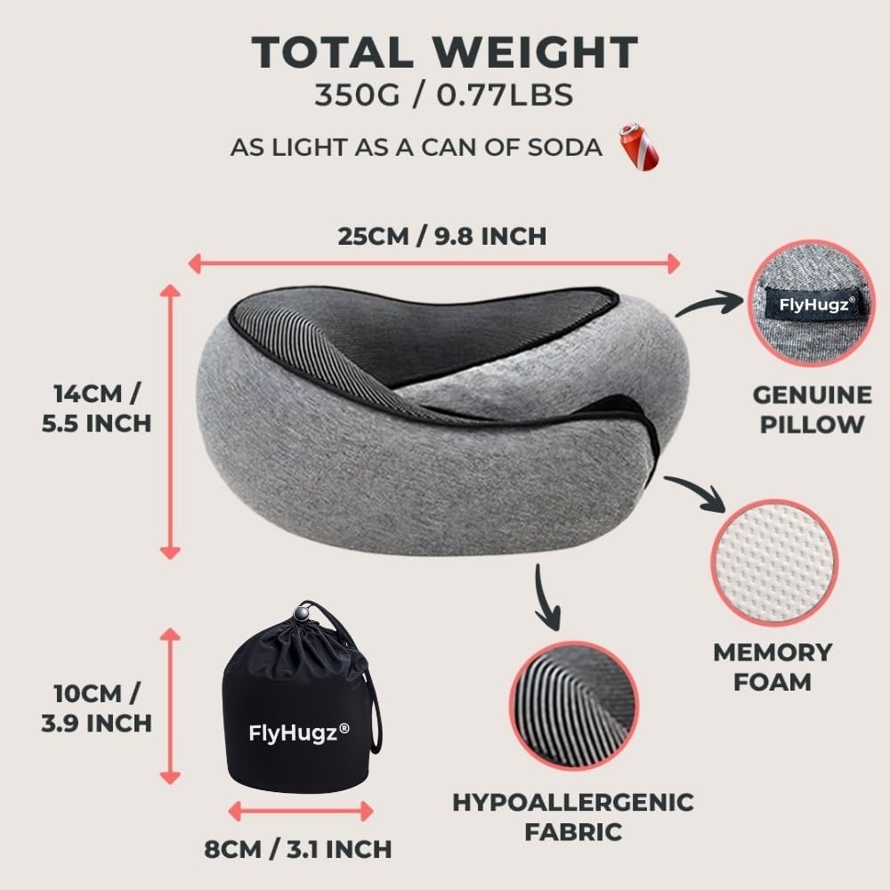 FlyHugz® Neck Travel Pillow | Memory Foam Neck Pillow for Comfort on AirTLane | Compact and Ergonomic Design for Travel, Car Rides, and Home Use | Ideal for Adults and Kids