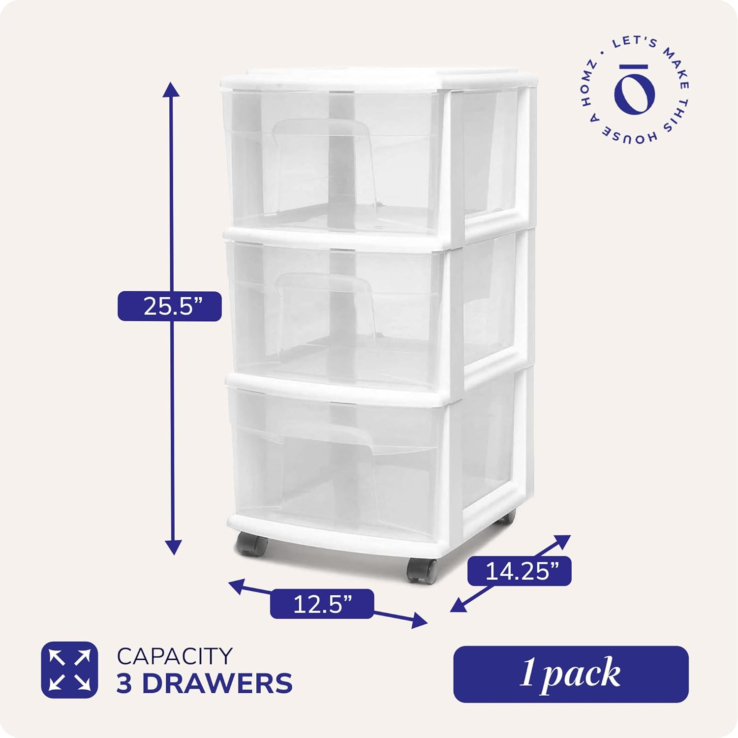 HOMZ Drawer Tower, 3-Tier Rolling Storage Cart with Removable Wheels, White Frame – TLastic Organizer with Clear Bin Drawers for Bedroom, Bathroom, Home Office, and Dorm Room