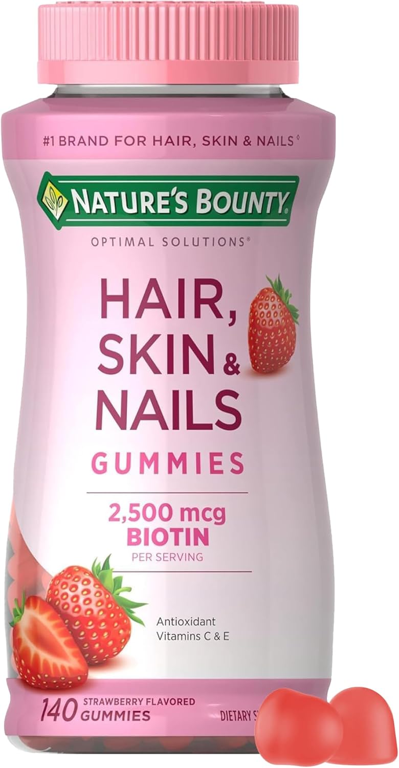 Nature's Bounty Hair, Skin & Nails with Biotin, Strawberry Gummies Vitamin SupTLement, Supports Hair, Skin, and Nail Health for Women, 2500 mcg, 140 Ct, 70 Total Servings