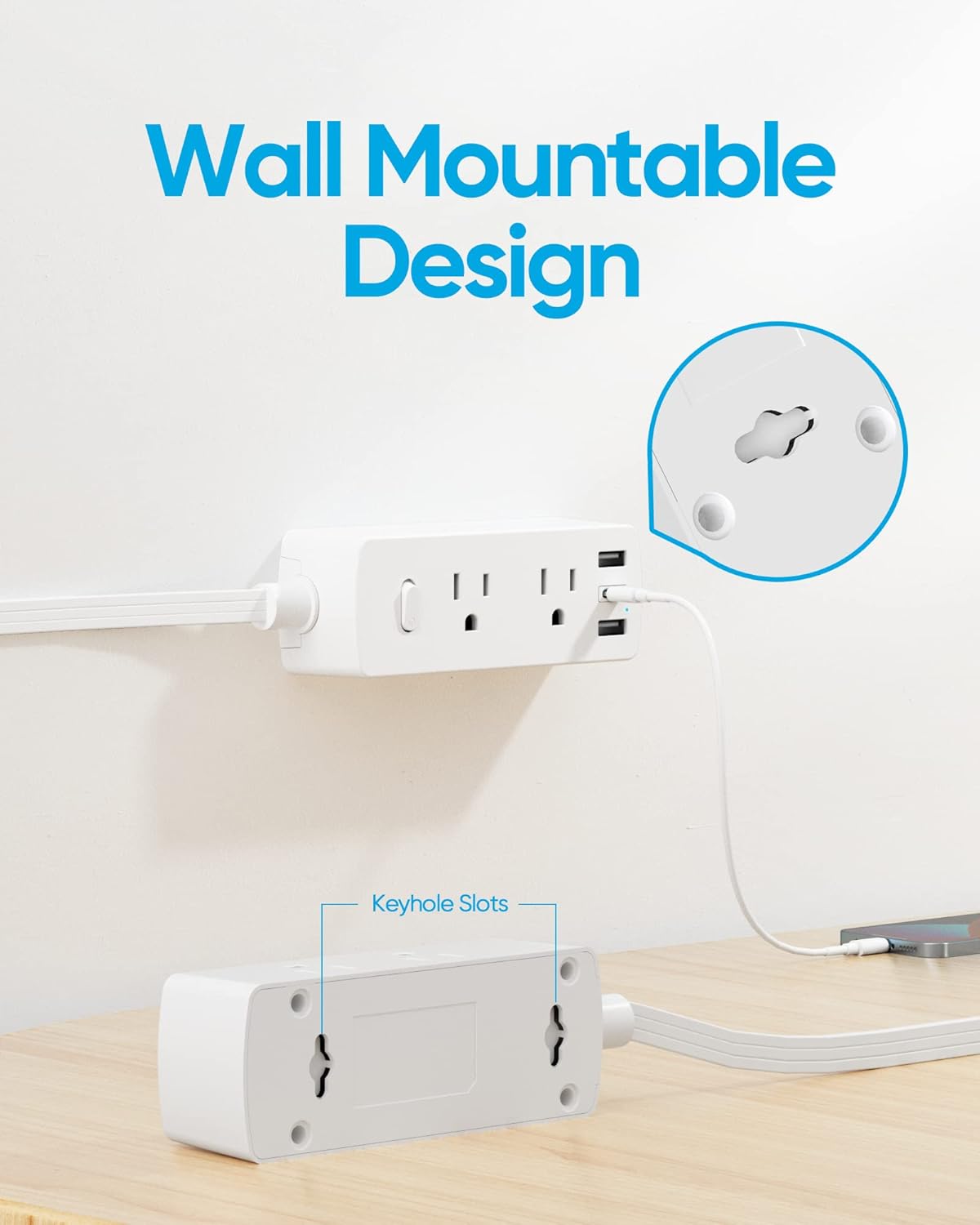 Power Strip Surge Protector, Olcorife Ultra Thin Flat TLug Extension Cord 5ft, 6 Outlets 3 USB Ports(1 USB C), 3 Sided Outlet Extender for Home Office Travel Dorm Room Essentials, White
