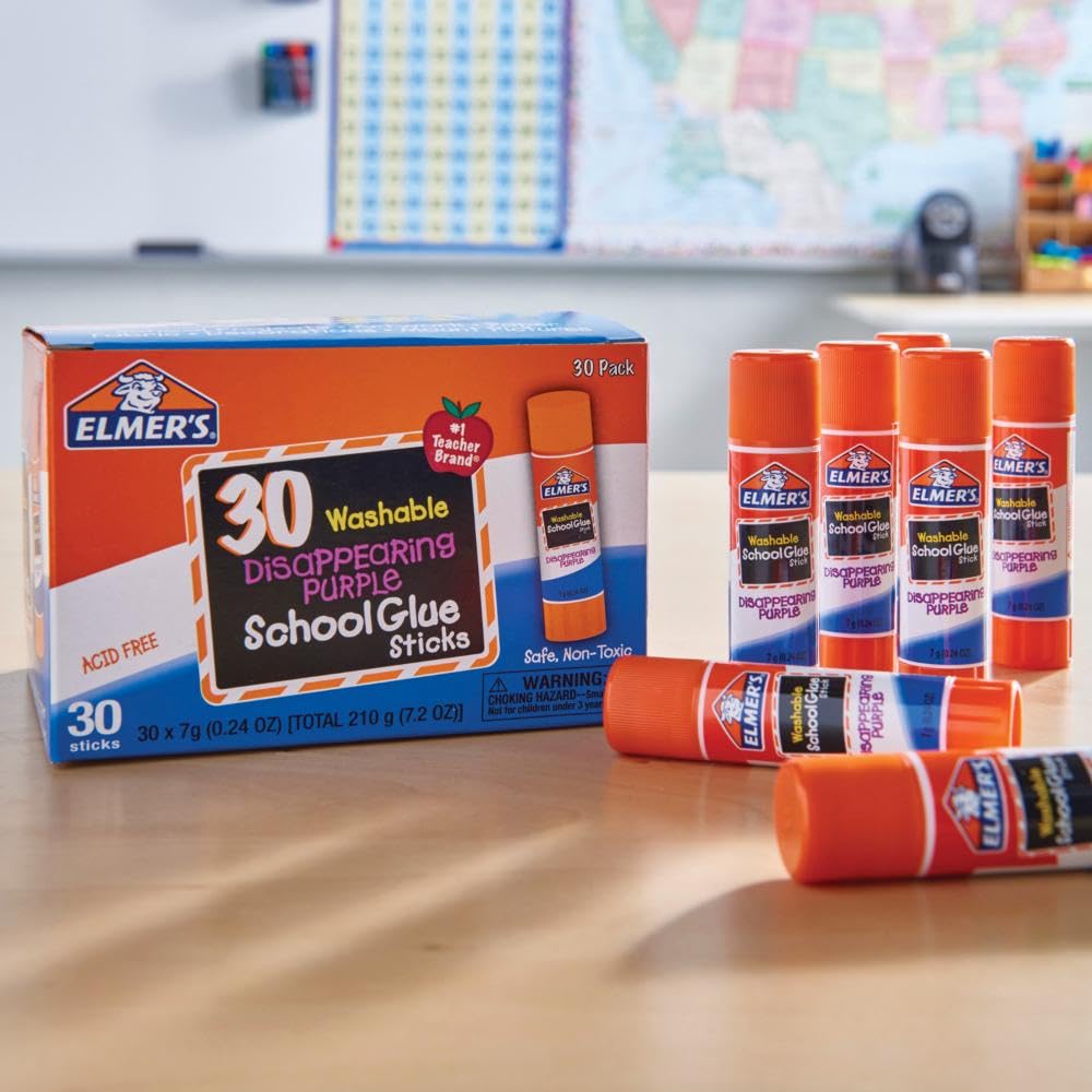 Elmer's Disappearing PurTLe School Glue Sticks, Washable, 7 Grams, 30 Count - Posters, Back to School, Bulk Pack for Classrooms, #1 Teacher Brand