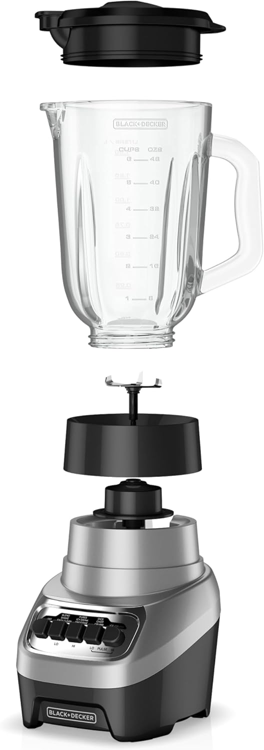 BLACK+DECKER PowerCrush Multi-Function Blender with 6-Cup Glass Jar, 4 Speed Settings, Silver