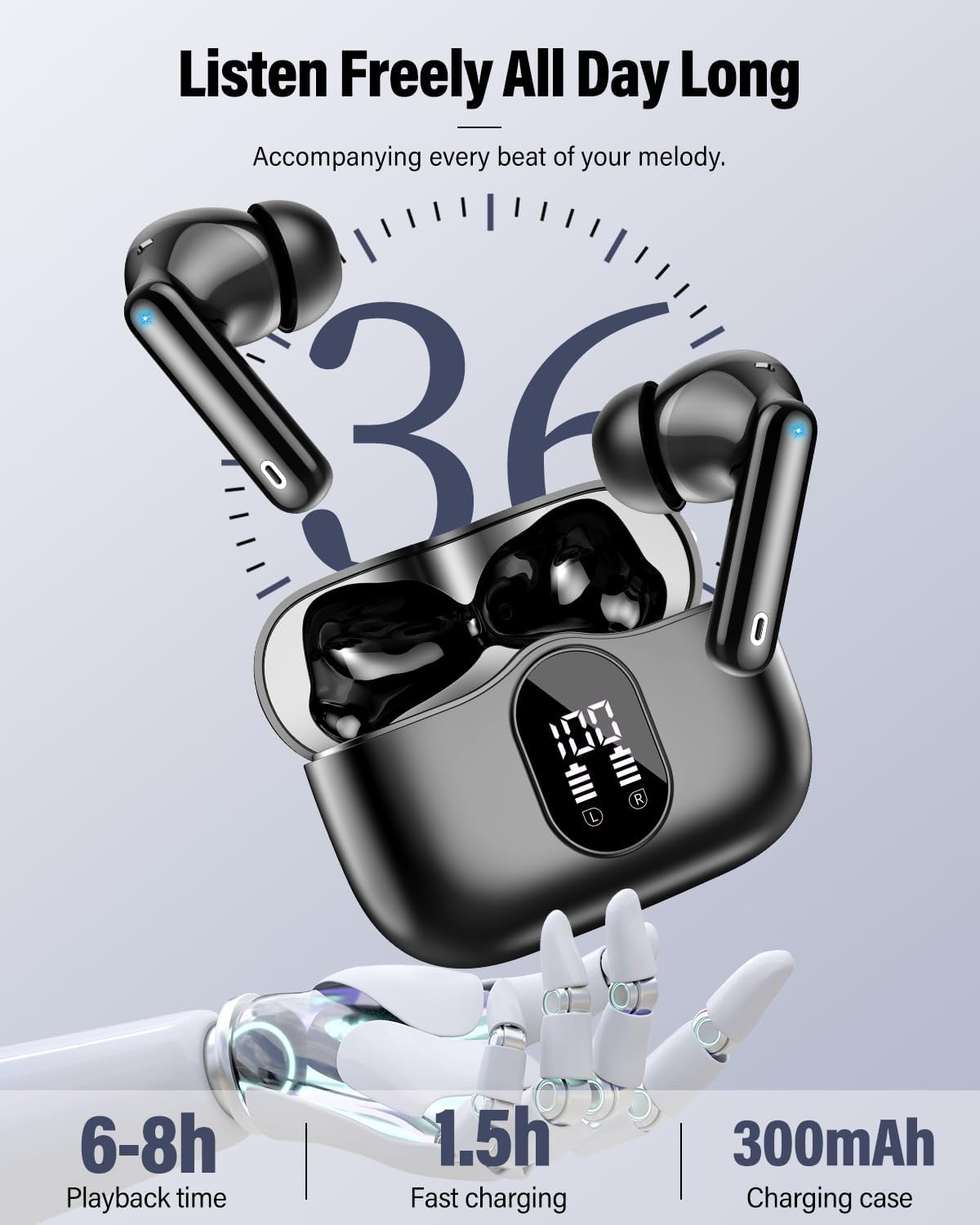 Wireless Earbuds, Bluetooth 5.4 Headphones Bass Stereo, Ear Buds with Noise Cancelling Mic, LED DisTLay in Ear Earphones Clear Calls, IP7 Waterproof Bluetooth Earbuds for Phones/Sports/Laptop, Black