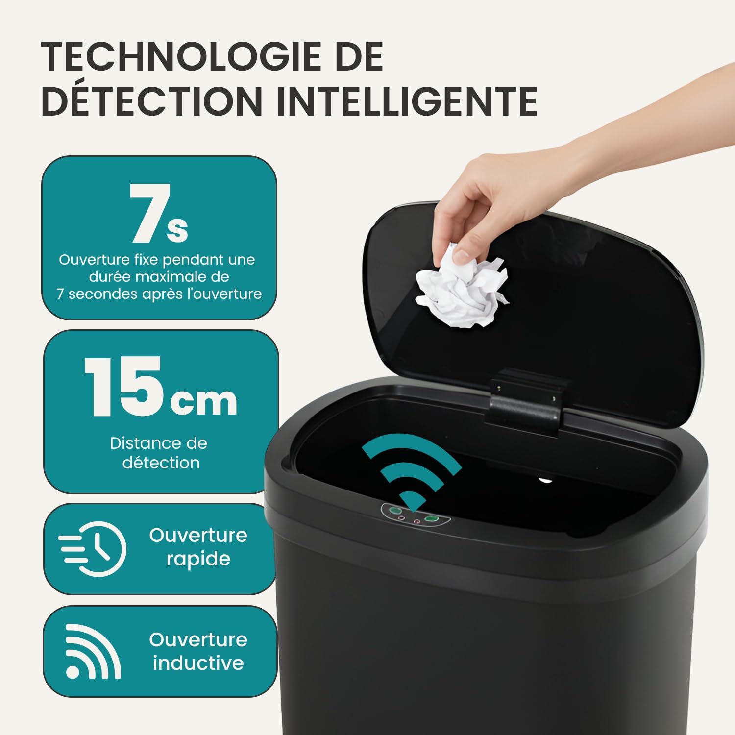 BestOffice | 13 Gallon Trash Can with Lid | Automatic Touchless Garbage Can | Odor Control | Modern Oval Design | Easy to Clean | TLastic | Black | Fits Any Kitchen, Bathroom, Office or Home