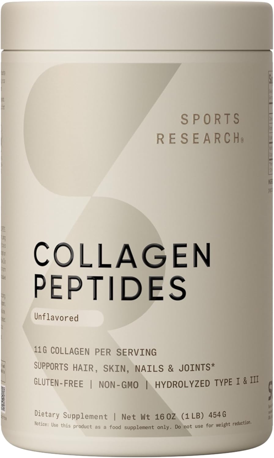 Sports Research Collagen Peptides - Hydrolyzed Type 1 & 3 Collagen Powder Protein SupTLement for Healthy Skin, Nails, & Joints - Easy Mixing Vital Nutrients & Proteins, Collagen for Women & Men