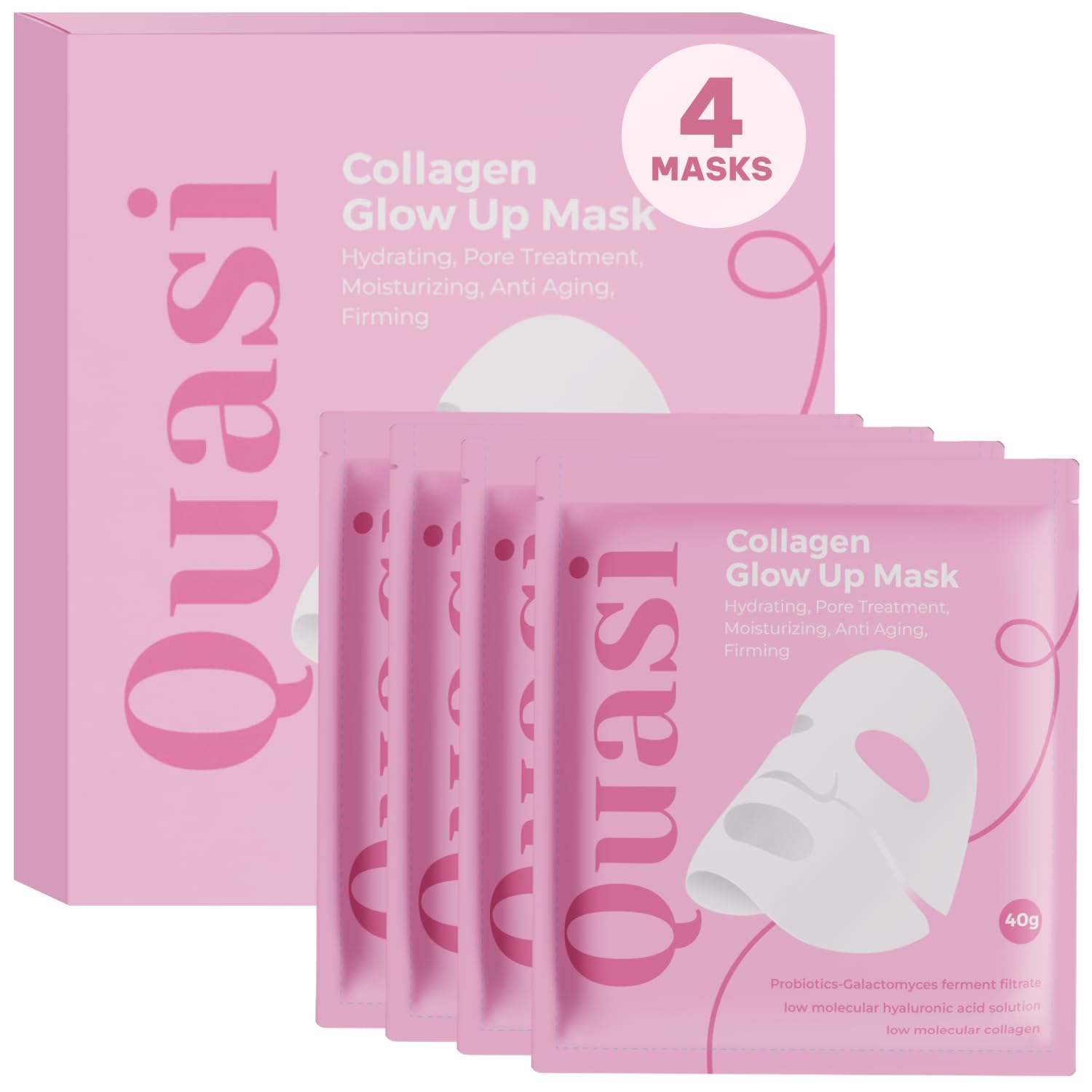 Quasi Bio-Collagen Face Mask Overnight – Hydrating Korean Sheet Mask – Niacinamide & Low Molecular Collagen – Firming & Smoothing Skincare for All Skin Types – 4 Masks