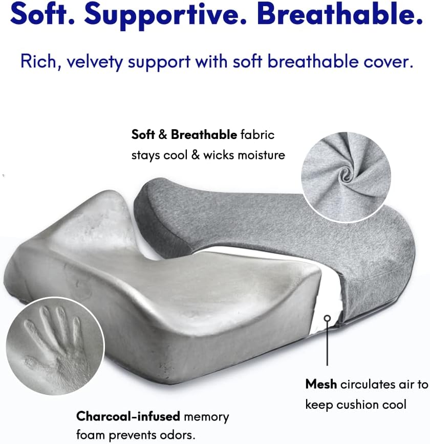C CUSHION LAB Patented Pressure Relief Seat Cushion for Long Sitting Hours on Office/Home Chair, Car, Wheelchair - Extra-Dense Memory Foam for Hip, Tailbone, Coccyx, Sciatica - Light Grey