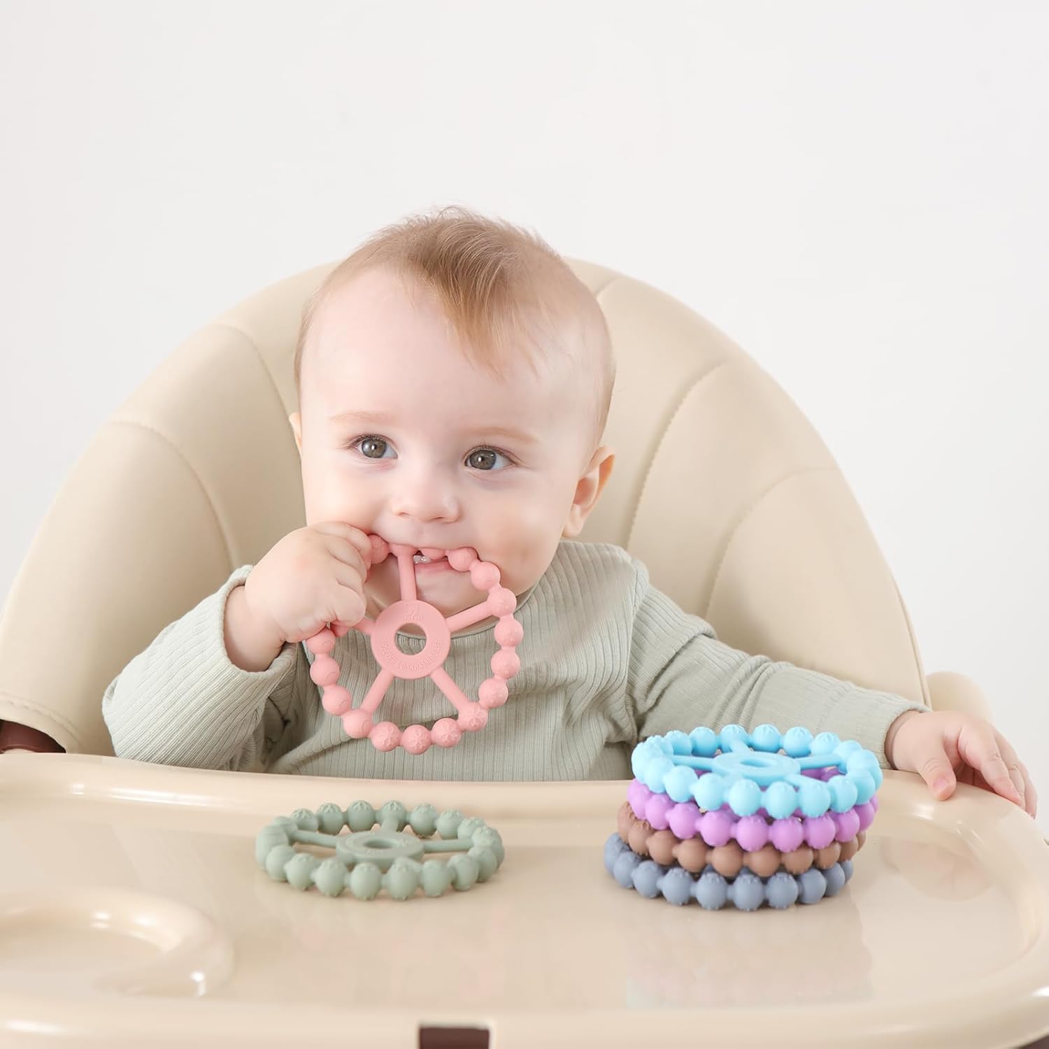 Silicone Baby Teething Ring Set – 3-Pack Multitextured Sensory Teethers for Infants and Toddlers, Easy-Grip Soft Silicone in PurTLe, Pink, and White
