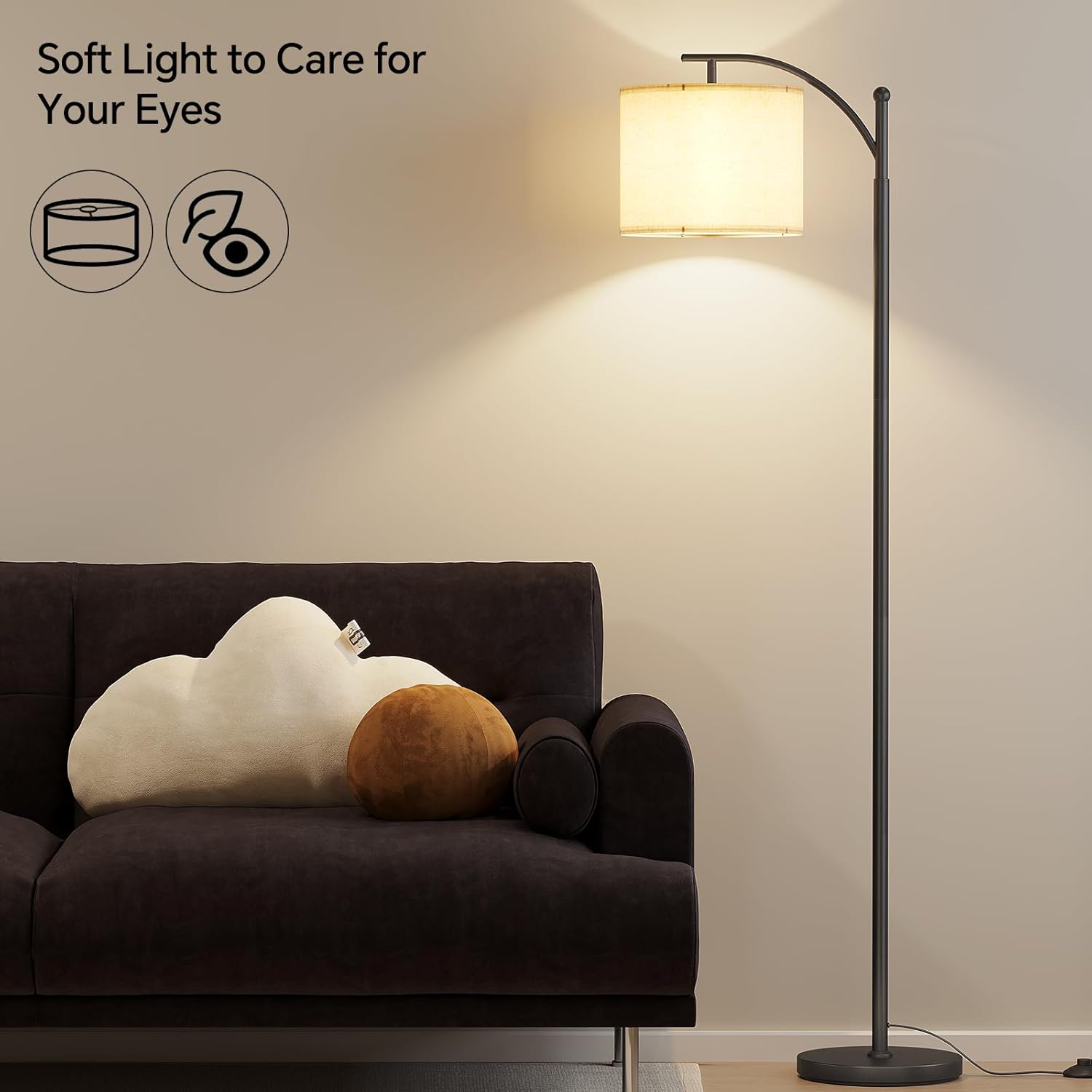 SUNMORY Arc Floor Lamp,Modern Floor Lamp with 9W 3 Color Temperatures Bulb,Metal Standing Lamps with Adjustable Hanging Lampshade,Tall Floor Lamps for Living Room,Bedroom,Office (Black)