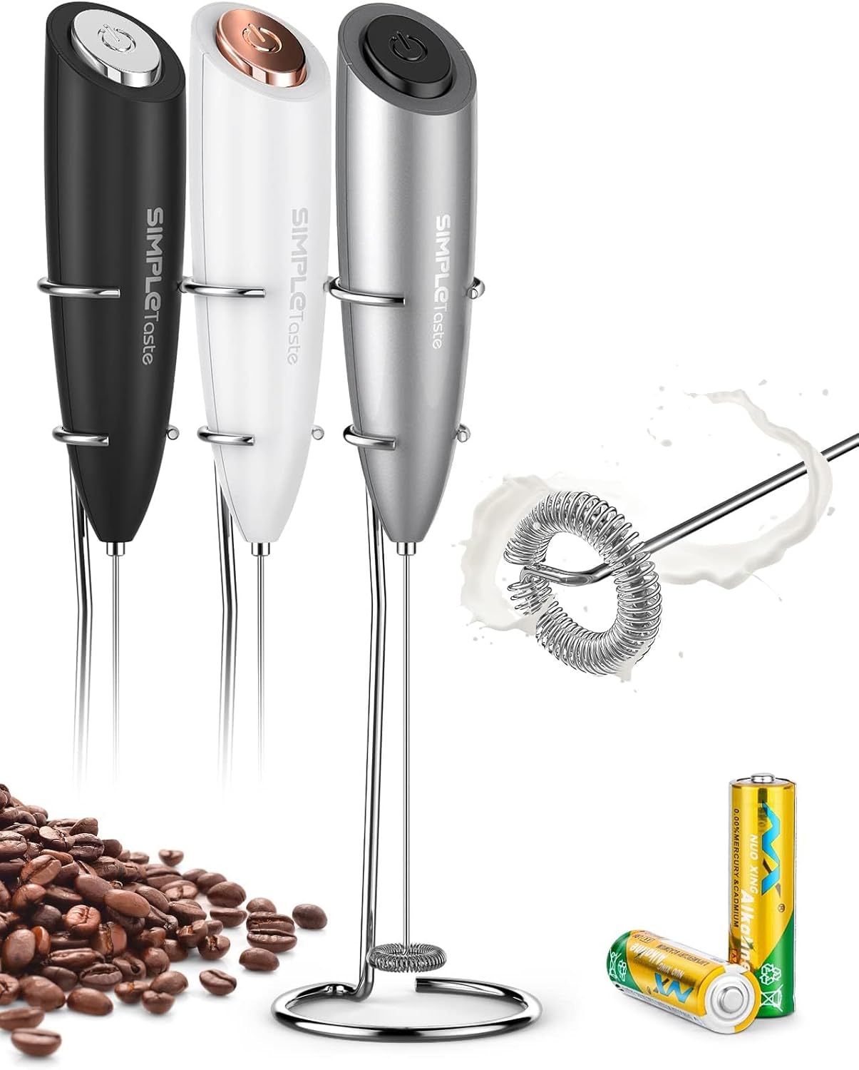 SIMTLETaste Milk Frother Handheld Battery Operated Electric Foam Maker, Drink Mixer with Stainless Steel Whisk and Stand for Cappuccino, Bulletproof Coffee, Latte