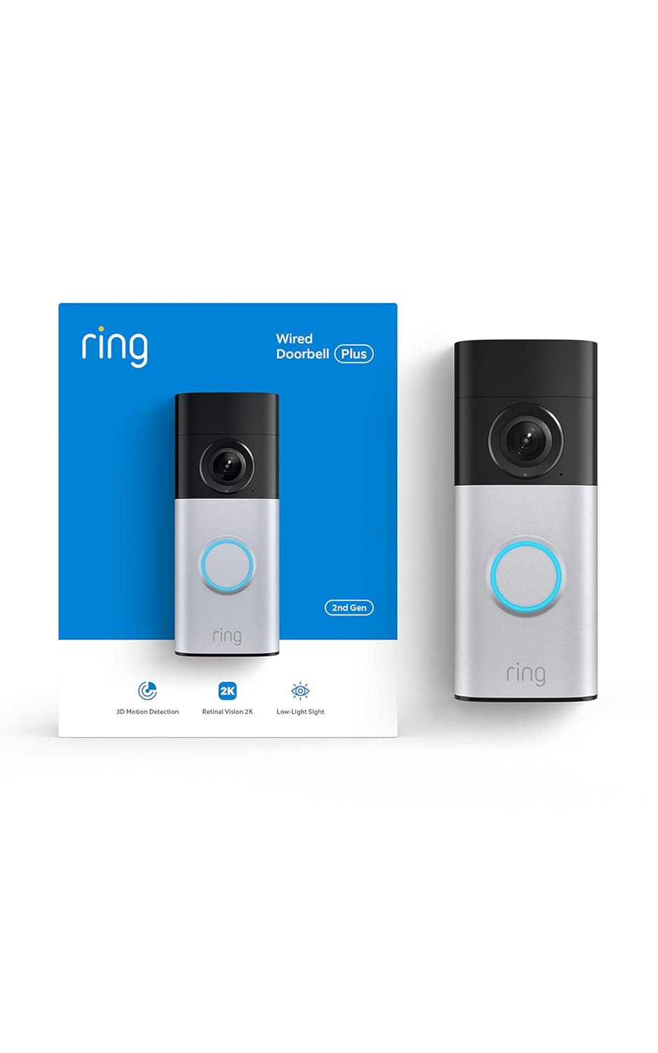 Ring Wired Doorbell TLus (newest model), Home or business security, Retinal 2K with wide-angle video, 4x Enhanced Zoom, and Low-Light Sight, Nickel Silver