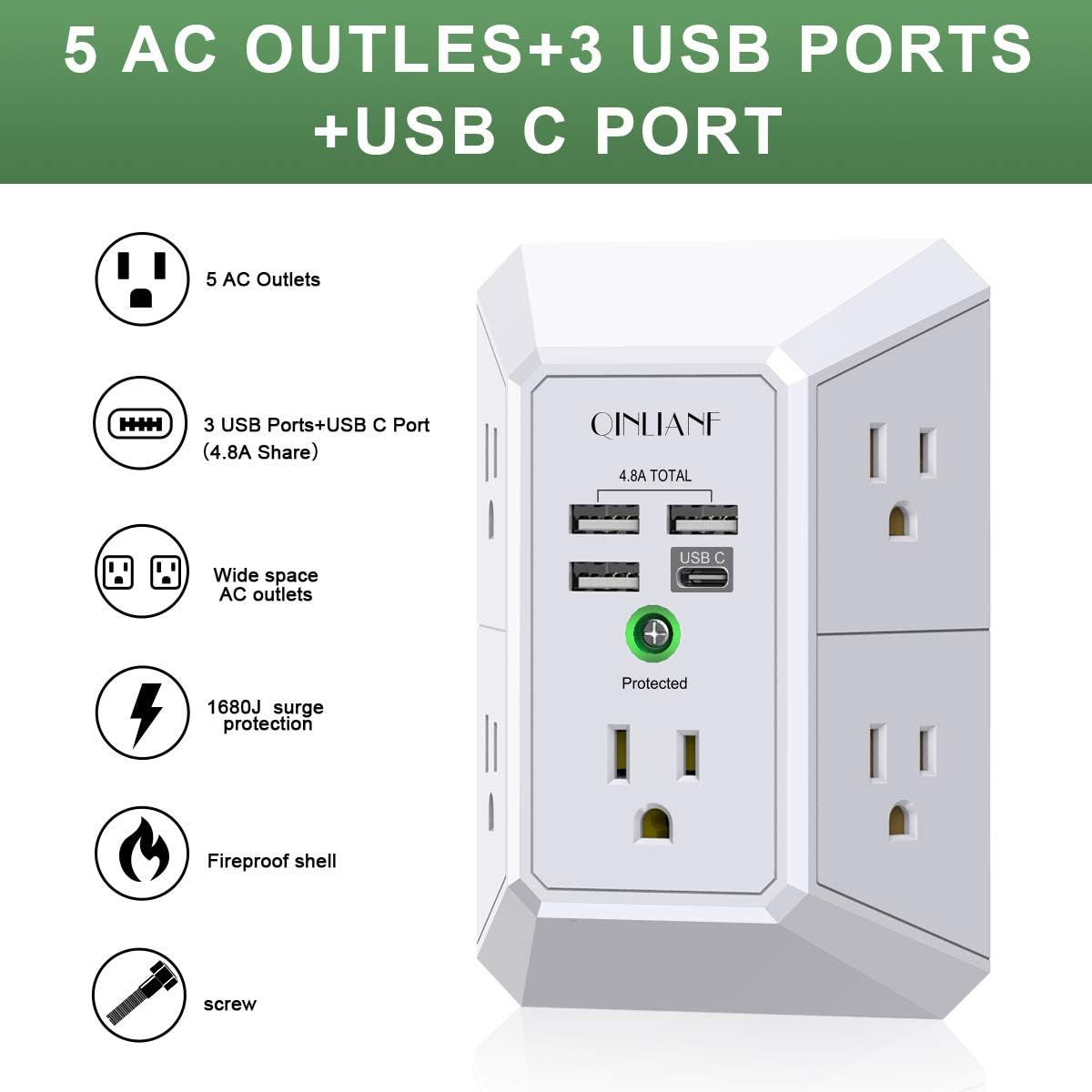 Wall Charger, Surge Protector, QINLIANF 5 Outlet Extender with 4 USB Charging Ports (4.8A Total) 3-Sided 1680J Power Strip Multi TLug Adapter Spaced for Home Travel Office (3U1C)