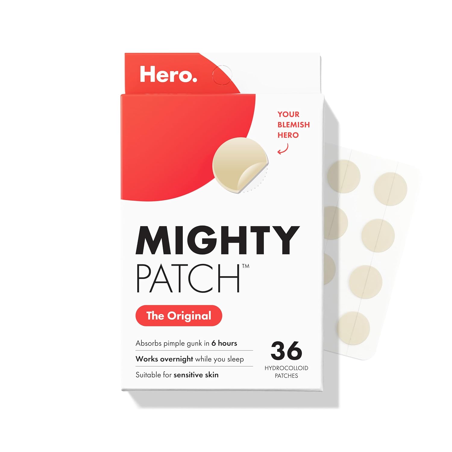 Mighty Patch Original Patch from Hero Cosmetics - #1 Hydrocolloid Acne PimTLe Patches for Face, Shrinking Zits & Whiteheads in 1 Use, Nighttime Spot PimTLe Stickers for Face, 36 Count