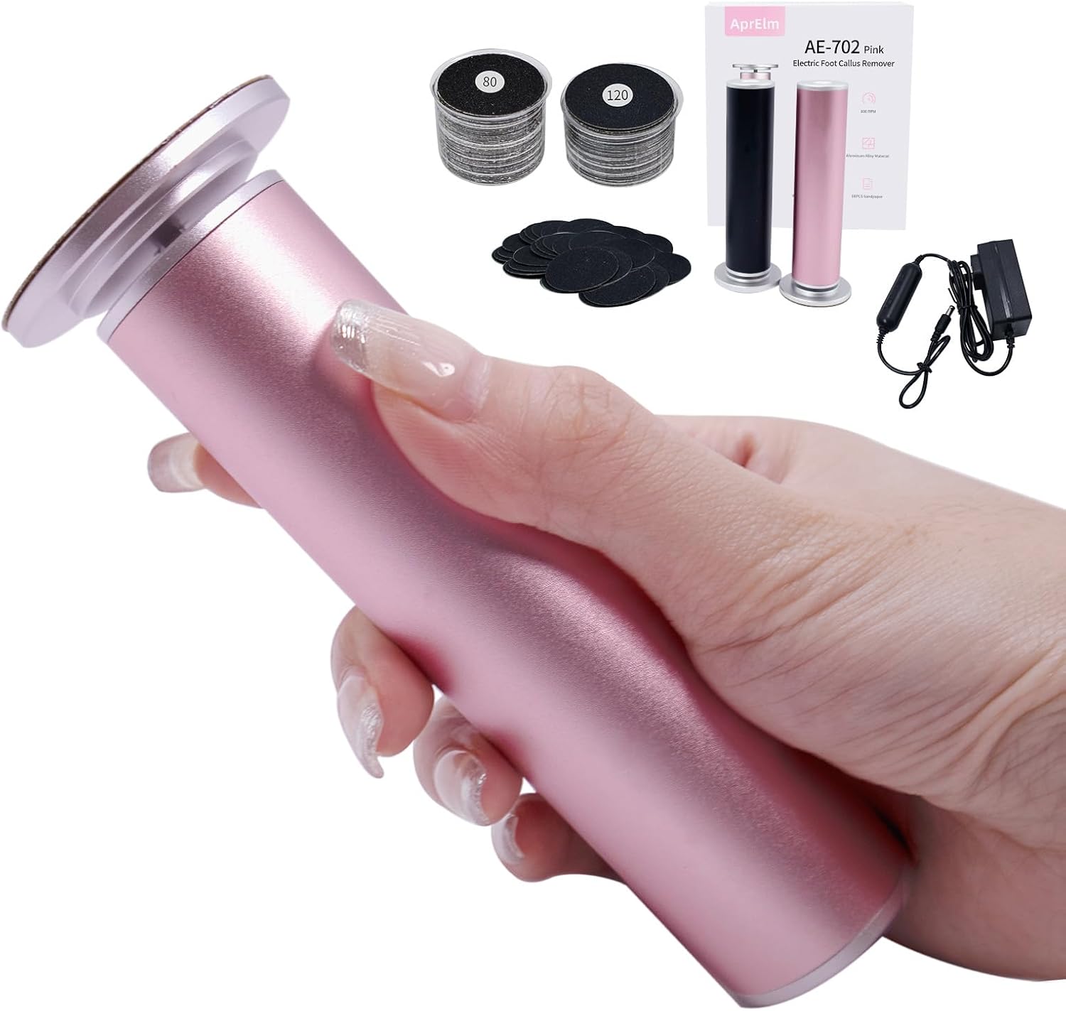 4.8IN Longer Electric Foot Callus Remover with 80pcs Sandpaper Discs, Professional Aluminum Callus Remover for Feet, SteTLess Speed Control Pedicure Tools for Dead Skin (Pink)