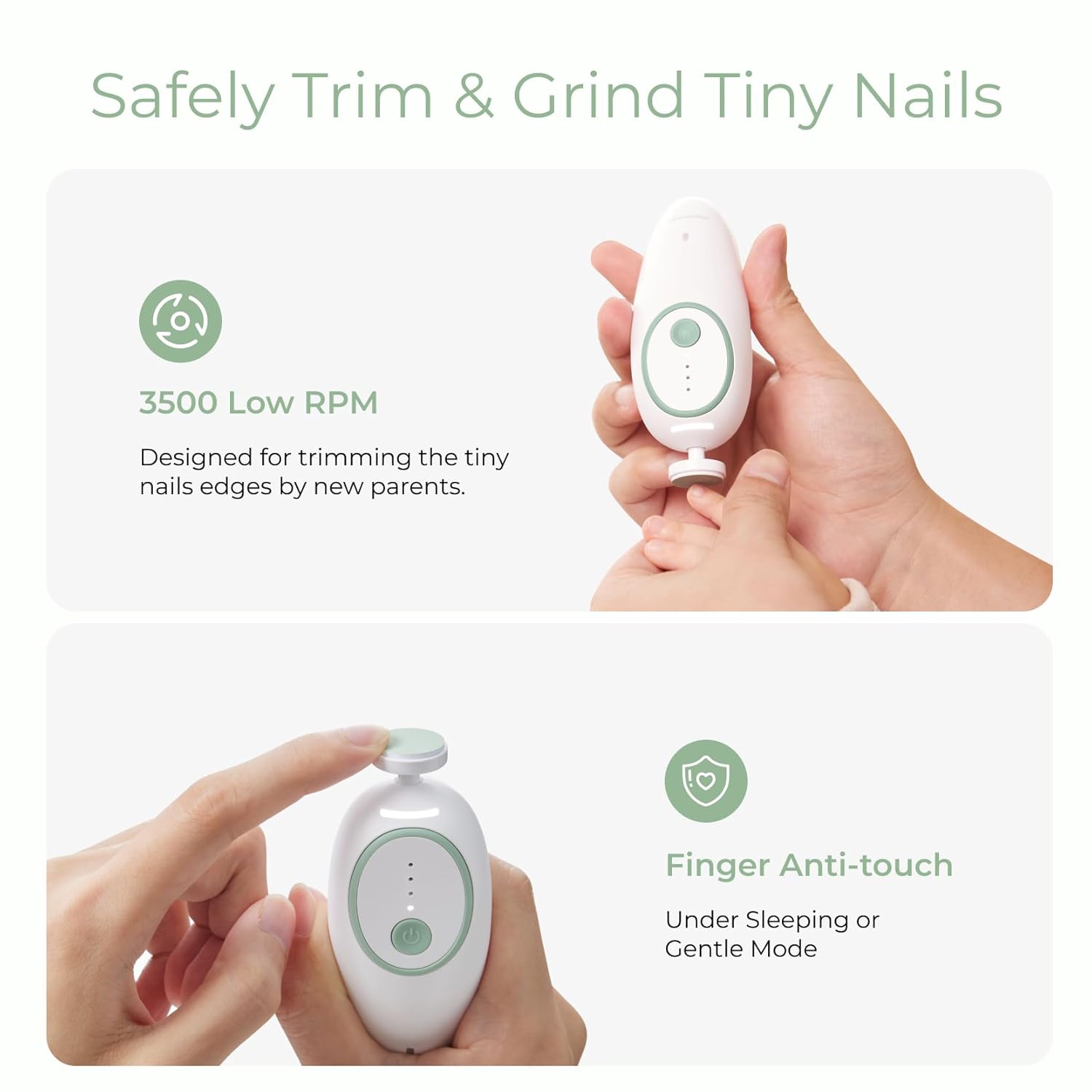 Momcozy Baby Nail File Electric, Gentle Baby Nail Trimmer Electric, Baby Nail Clipper with Night Light, 7 Grinding Head ReTLacement Pads, Green