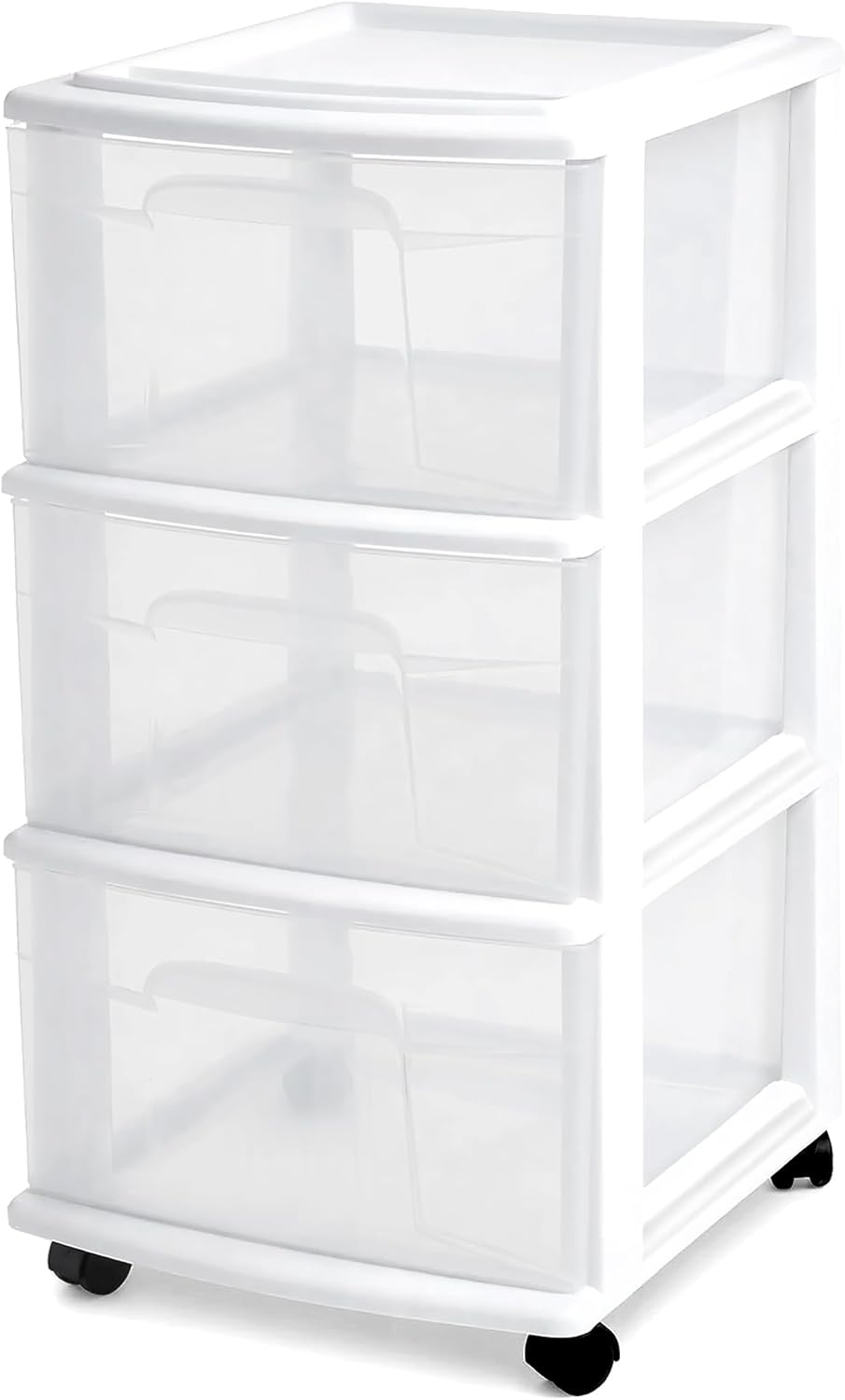 HOMZ Drawer Tower, 3-Tier Rolling Storage Cart with Removable Wheels, White Frame – TLastic Organizer with Clear Bin Drawers for Bedroom, Bathroom, Home Office, and Dorm Room