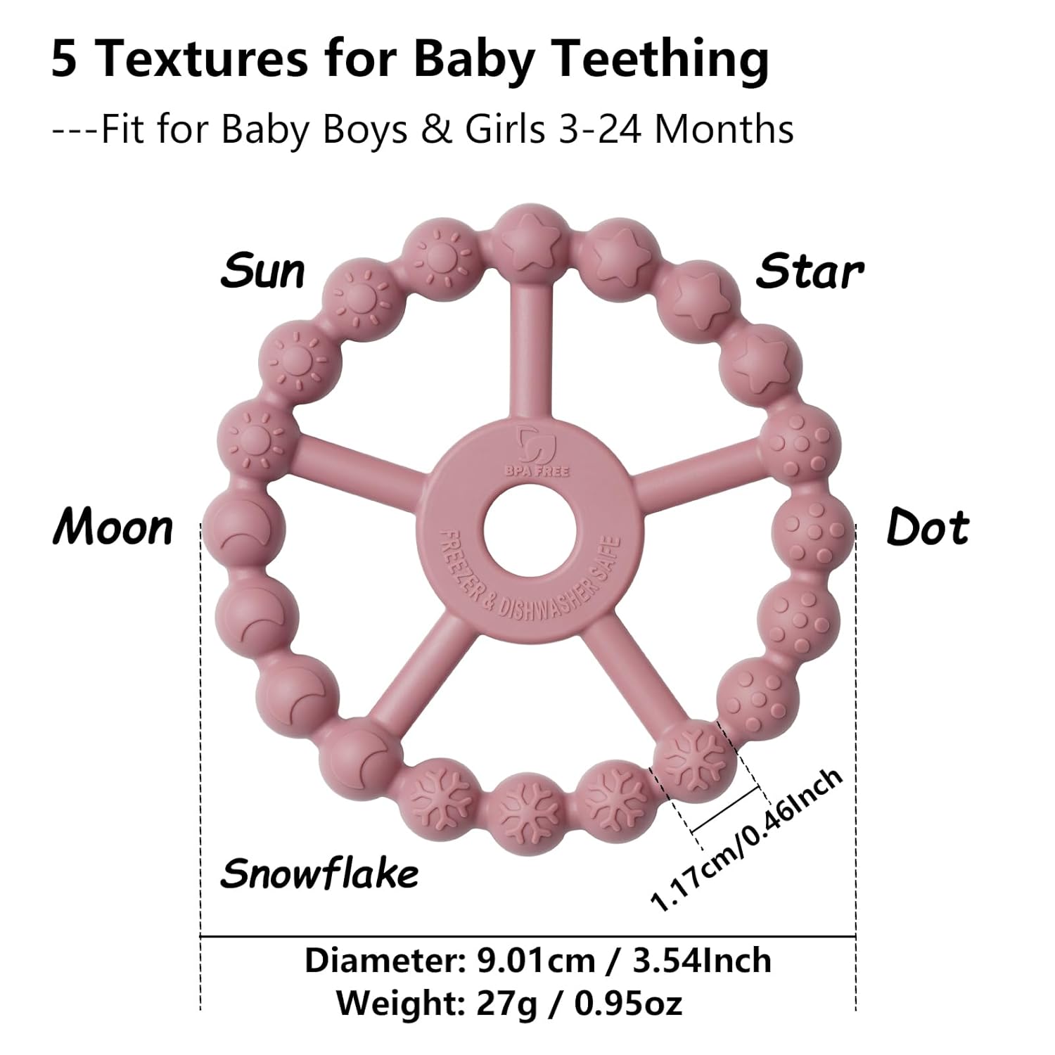 Silicone Baby Teething Ring Set – 3-Pack Multitextured Sensory Teethers for Infants and Toddlers, Easy-Grip Soft Silicone in PurTLe, Pink, and White