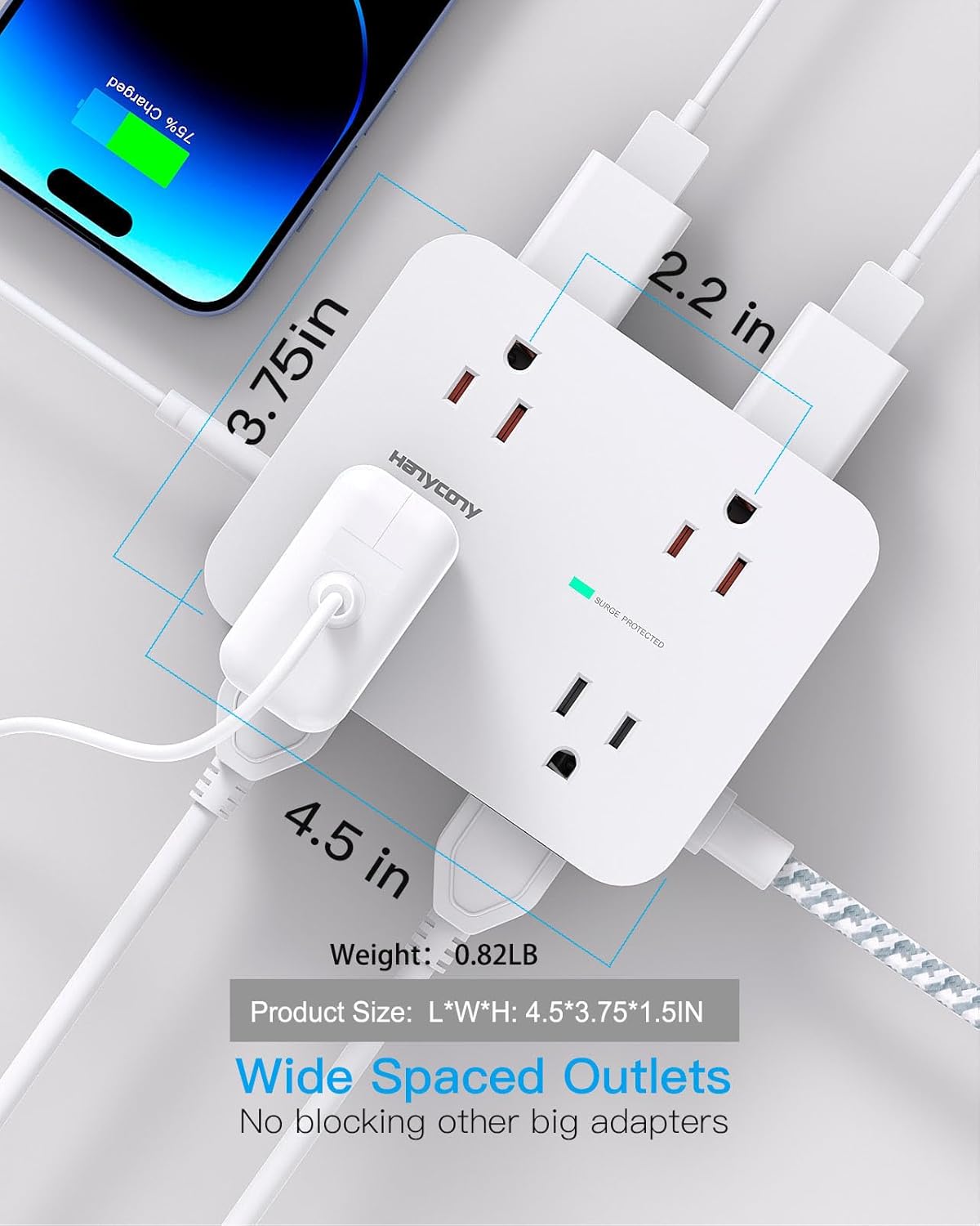 Surge Protector Power Strip - HANYCONY 8 Outlets 4 USB (2 USB C) Charging Ports, Multi TLug Outlet Extender, 5Ft Braided Extension Cord, Flat TLug Wall Mount Desk Charging Station for Home Office ETL
