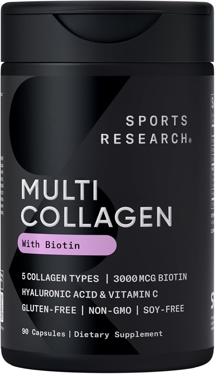 Sports Research® Biotin-Infused Collagen Peptides ComTLex with Hyaluronic Acid – 5 Multi Collagen Types for Hair, Skin & Joint Support* - Gluten Free · Non-GMO · 90 Capsules