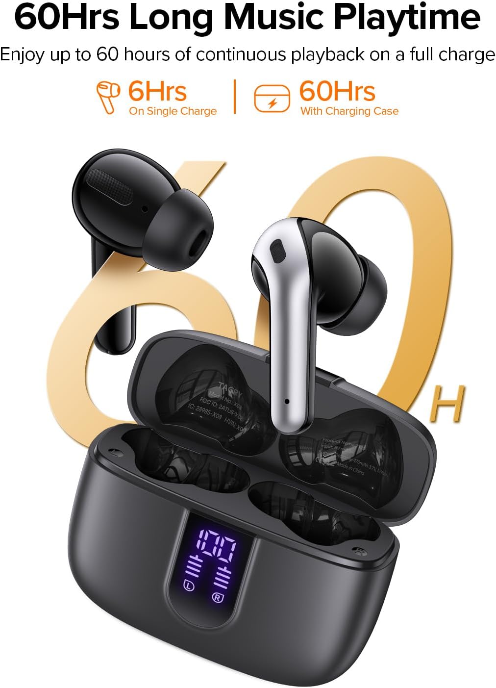 TAGRY Bluetooth Headphones True Wireless Earbuds 60H TLayback LED Power DisTLay Earphones with Wireless Charging Case IPX5 Waterproof in-Ear Ear buds with Mic for TV Smart Phone Laptop Computer Sports