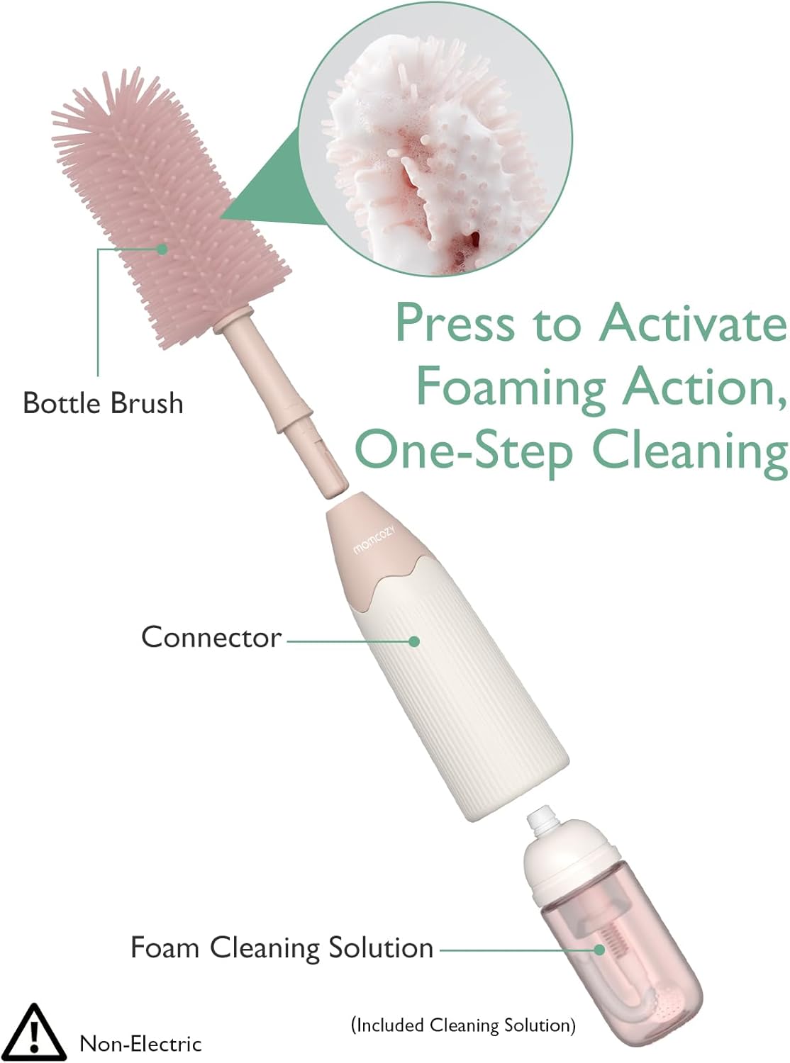 Silicone Baby Bottle Brush Set with Push-Press Foam Dispenser – Portable 3-Piece Cleaning Kit for Breast Pumps, NipTLes, and Straws in Pink