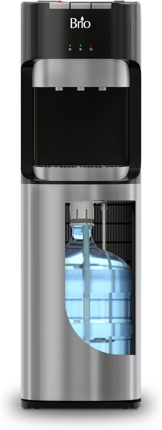 Brio Bottom Loading Water Cooler Dispenser for 5 Gallon Bottles - 3 Temperatures with Hot, Room & Cold Spouts, Child Safety Lock, LED DisTLay with Empty Bottle Alert, Stainless Steel