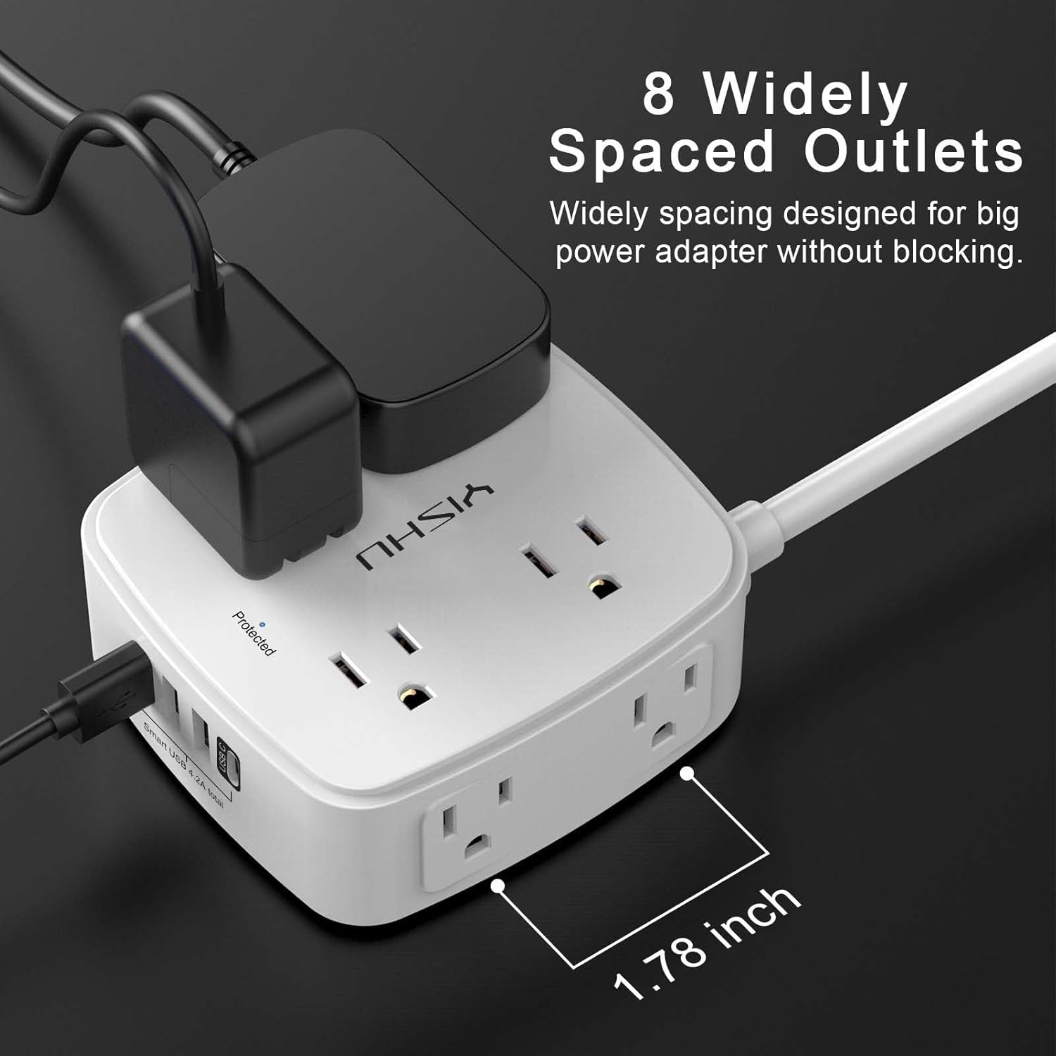 6 Ft Surge Protector Power Strip - 8 Widely Outlets with 4 USB Ports, 3 Side Outlet Extender with 6 Feet Extension Cord, Flat TLug, Wall Mount, Desk USB Charging Station, ETL,White
