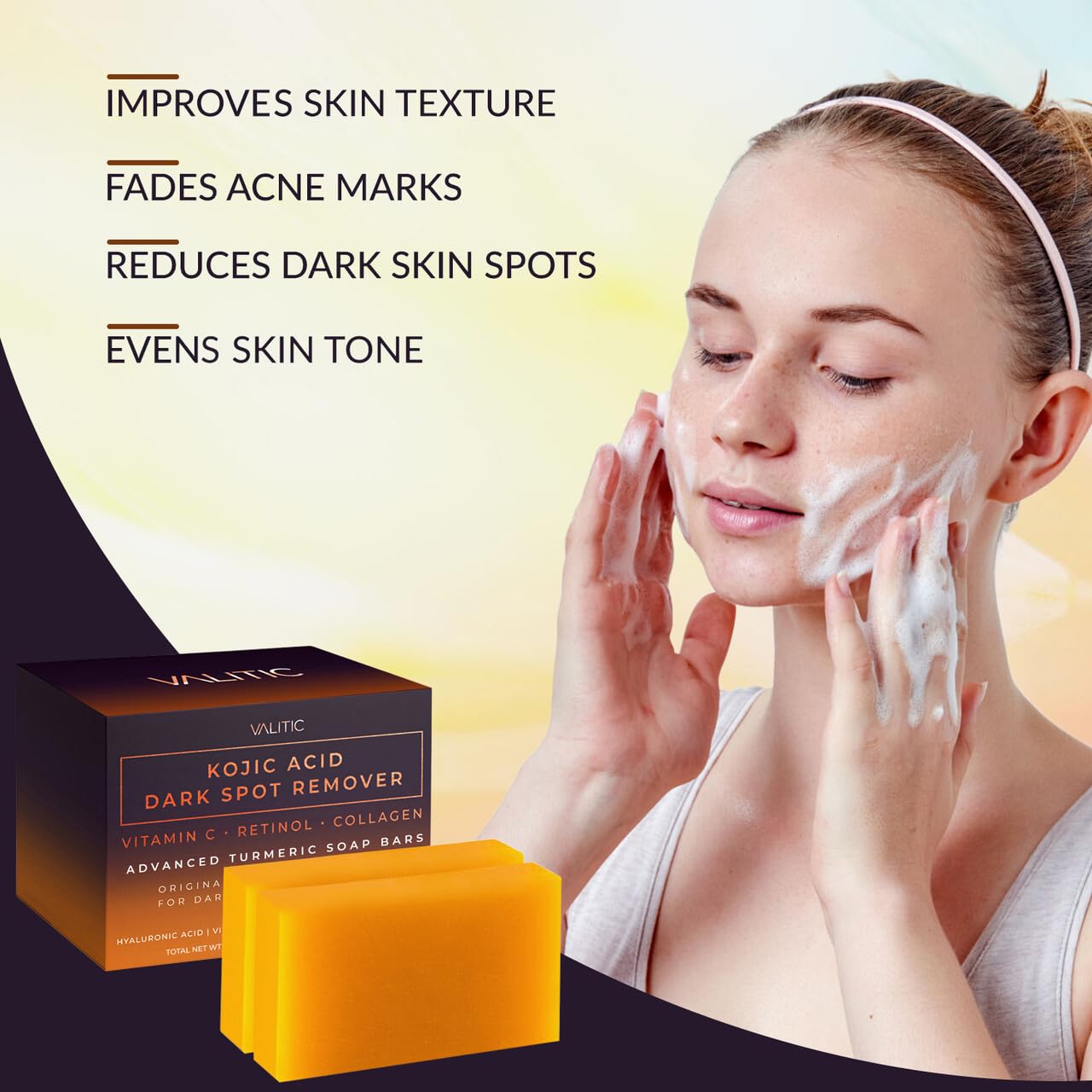 VALITIC Kojic Acid Dark Spot Remover Soap Bars with Vitamin C, Retinol, Collagen, Turmeric - Original Japanese ComTLex Infused with Hyaluronic Acid, Vitamin E, Shea Butter, Castile Olive Oil (2 Pack)