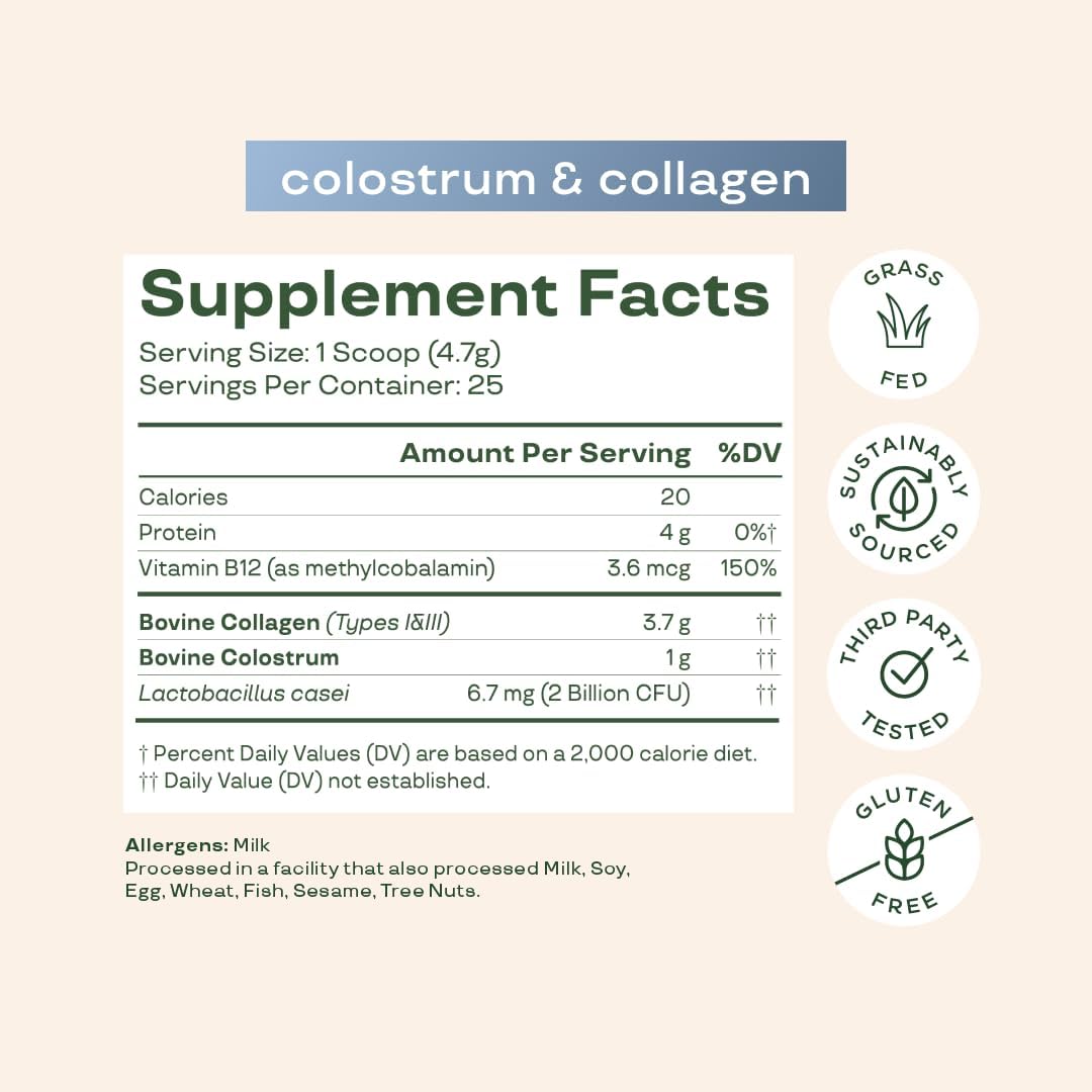 Bloom Nutrition Bovine Colostrum Powder with Vitamin B-12 for Gut Health, Immune Support, Hair Growth & Beauty SupTLement | Unflavored, 25 Servings