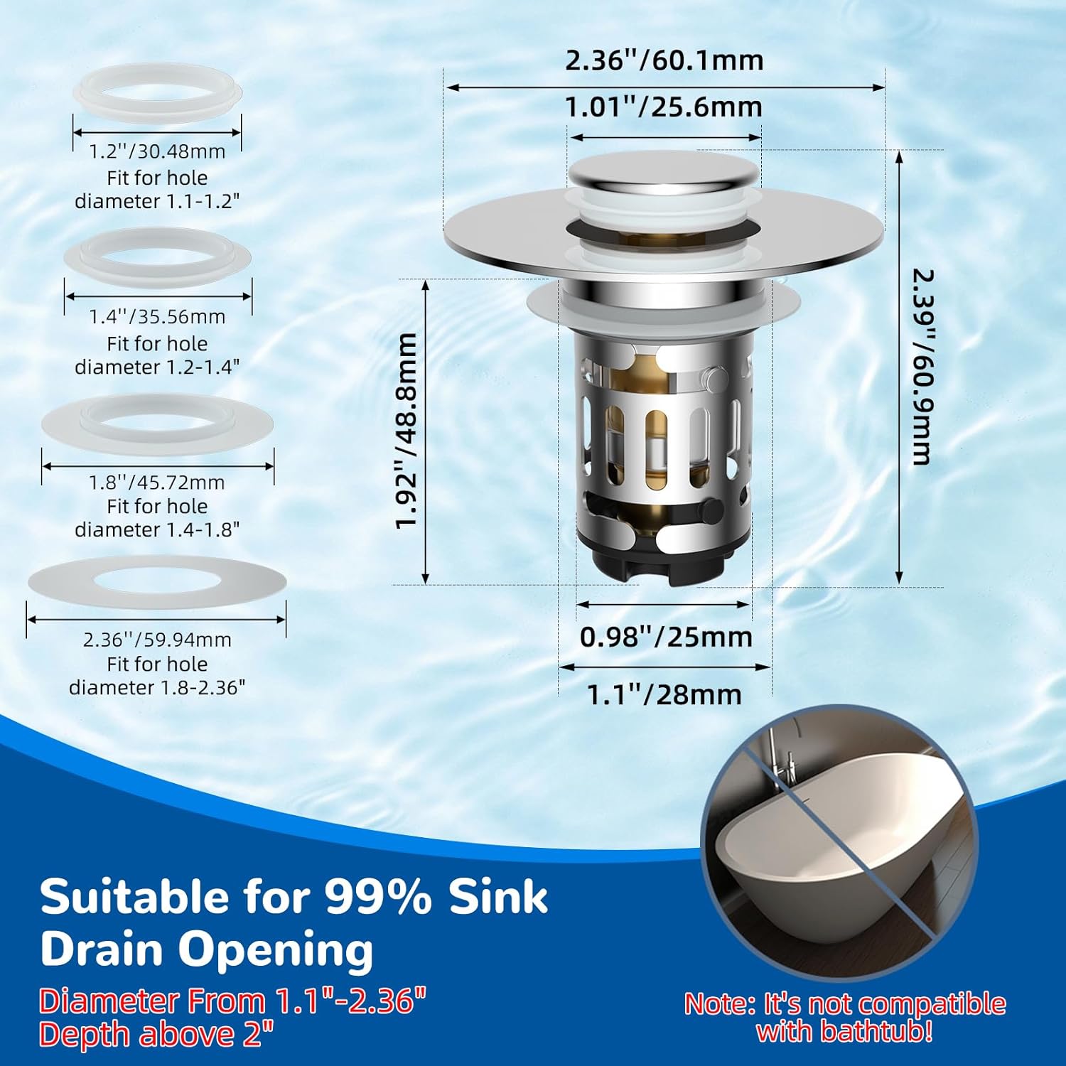 Hibbent Upgraded 3 in 1 Bathroom Sink Drain Strainer, Universal Pop Up Stopper with Removable Stainless Steel Filter Basket Hair Catcher, Sink TLug for 1.1''~2.36'' Basin, Brass Bullet Core, Chrome