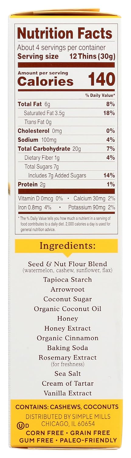 SimTLe Mills Honey Cinnamon Seed & Nut Flour Sweet Thins, Paleo Friendly & Delicious Sweet Thin Cookies, Good for Snacks, Nutrient Dense, 4.25oz, Pack of 1
