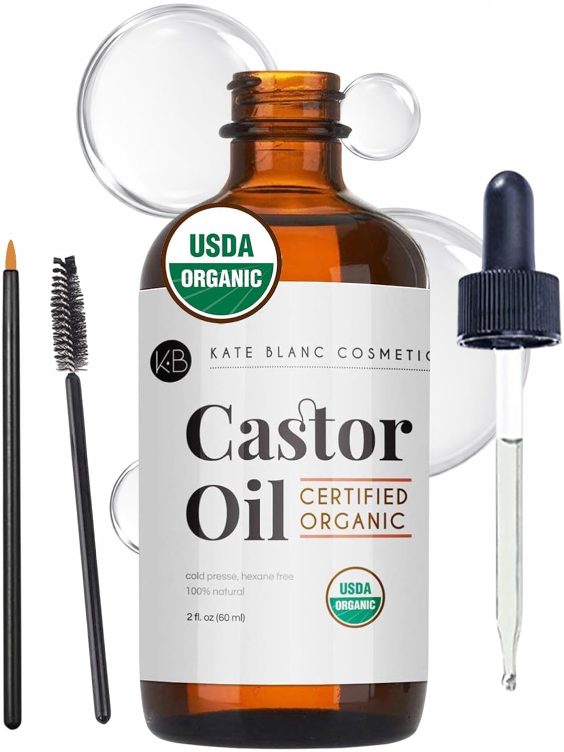 Kate Blanc Cosmetics Castor Oil Organic for Hair, Lashes, Face (2oz), 100% Pure, Cold Pressed, Hexane Free Hair Oil. Lash Serum for Thicker-Looking Eyelashes & Eyebrows