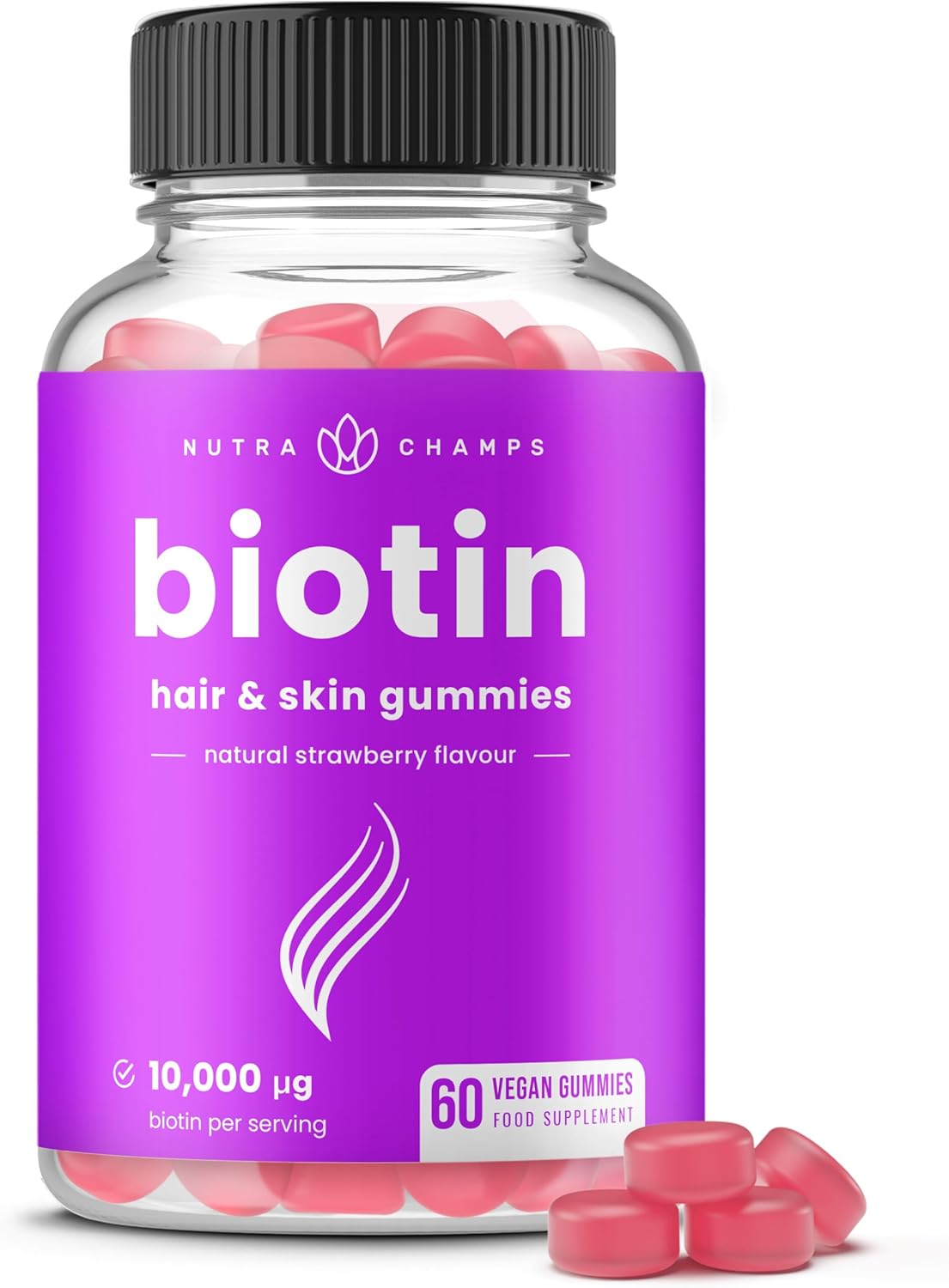 NutraChamps Biotin Gummies 10000mcg [High Potency] for Healthy Hair, Skin & Nails Vitamins for Women, Men & Kids - 5000mcg in Each Hair Vitamins Gummy - Vegan, Non-GMO, Hair Health Supplement