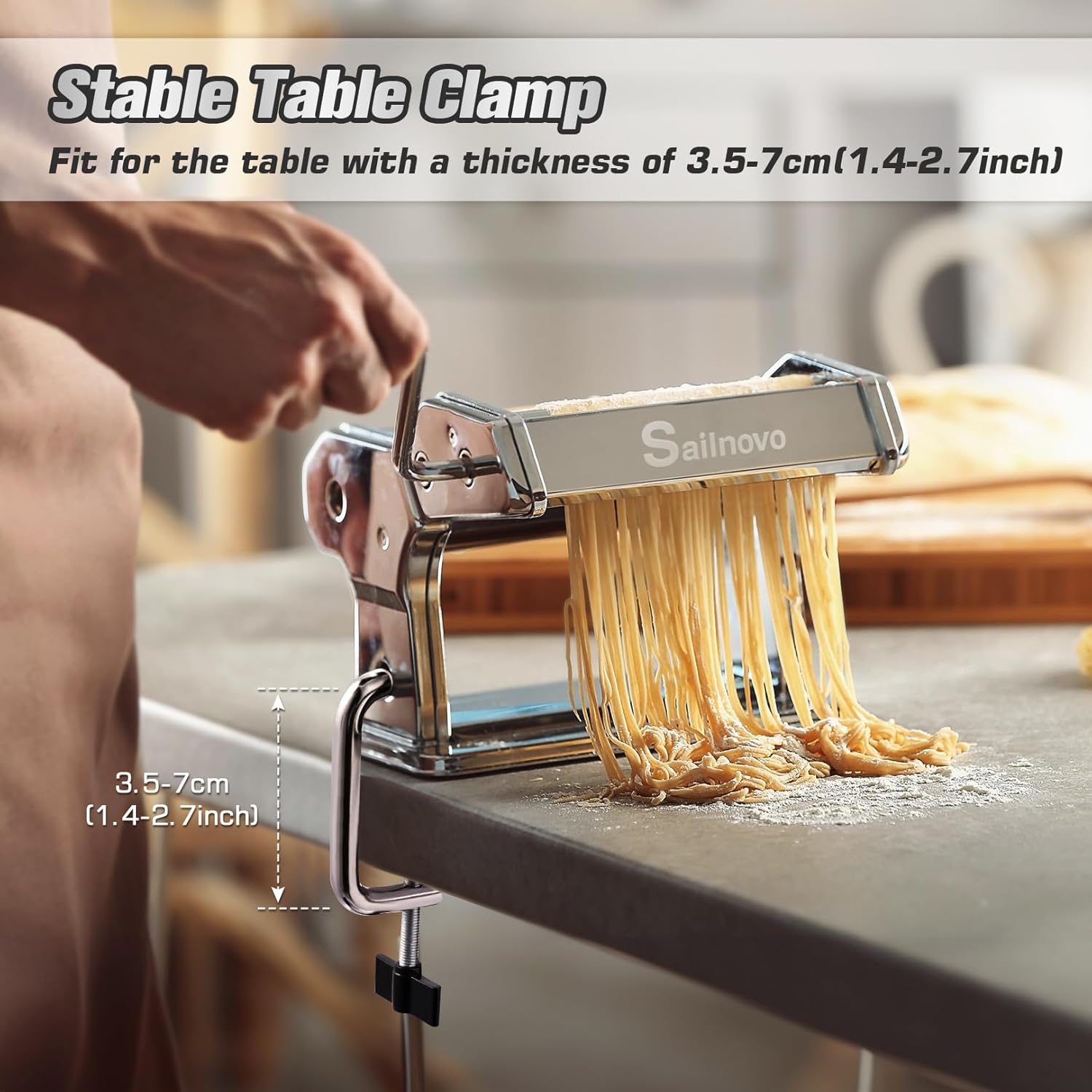 Sailnovo Pasta Maker Machine, 180 Roller Pasta Maker, 9 Adjustable Thickness Settings 2-in-1 Noodles Maker with Rollers and Cutter, Perfect for Spaghetti, Fettuccini, Lasagna or DumTLing Skin Silver