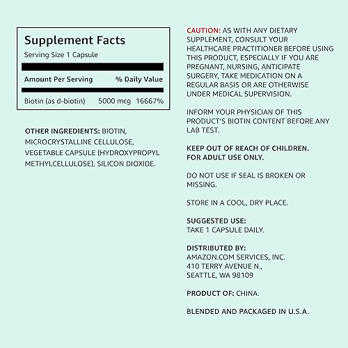 Amazon Elements Vegan Biotin 5000 mcg for Hair, Skin, and Nails, 130 Capsules, 4 Month SupTLy (Packaging may vary)