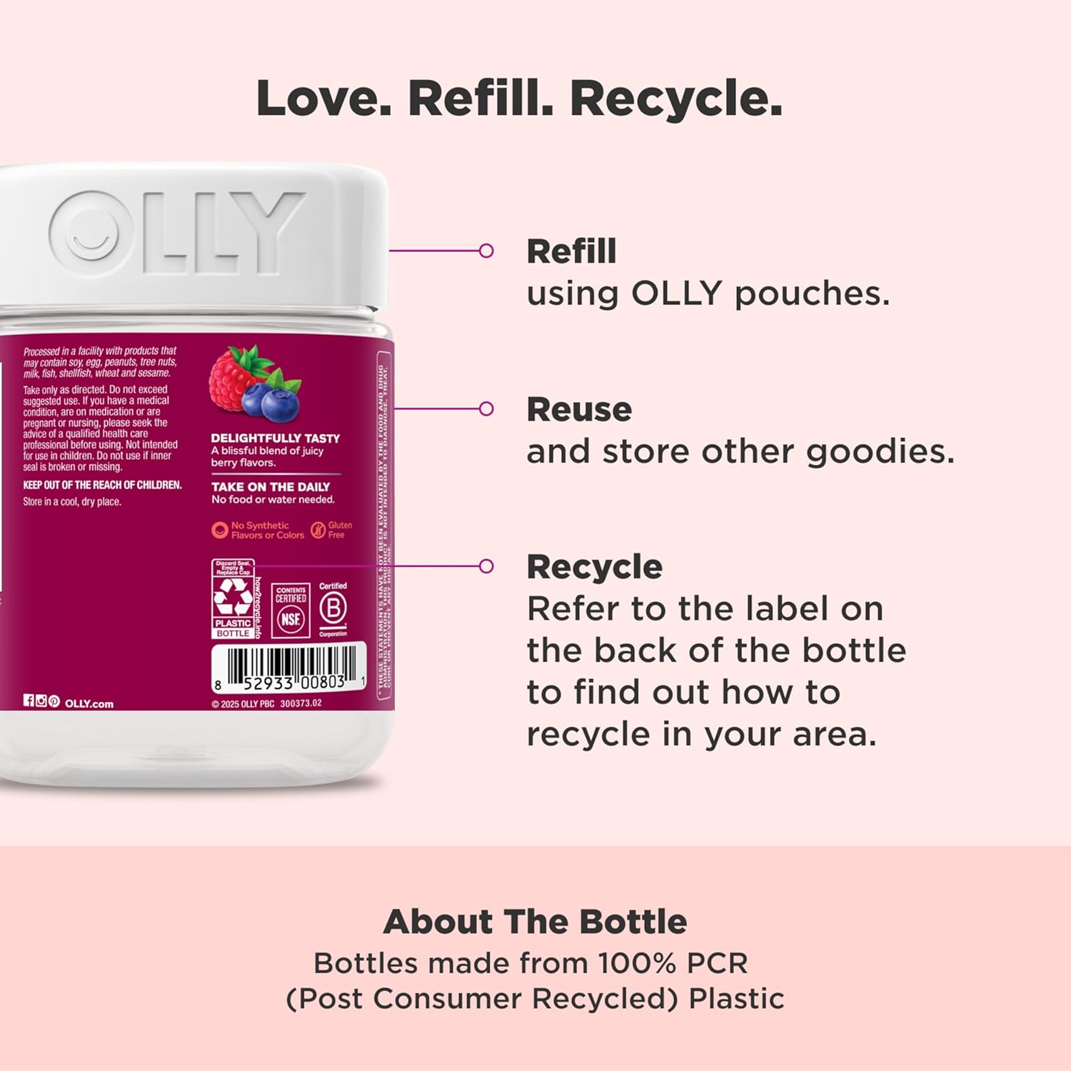 OLLY Women's Daily Multivitamin Gummy, Vitamins A, D, C, E, Biotin, Folic Acid, Adult Chewable Vitamin, Berry Flavor, 65 Day SupTLy - 130 Count