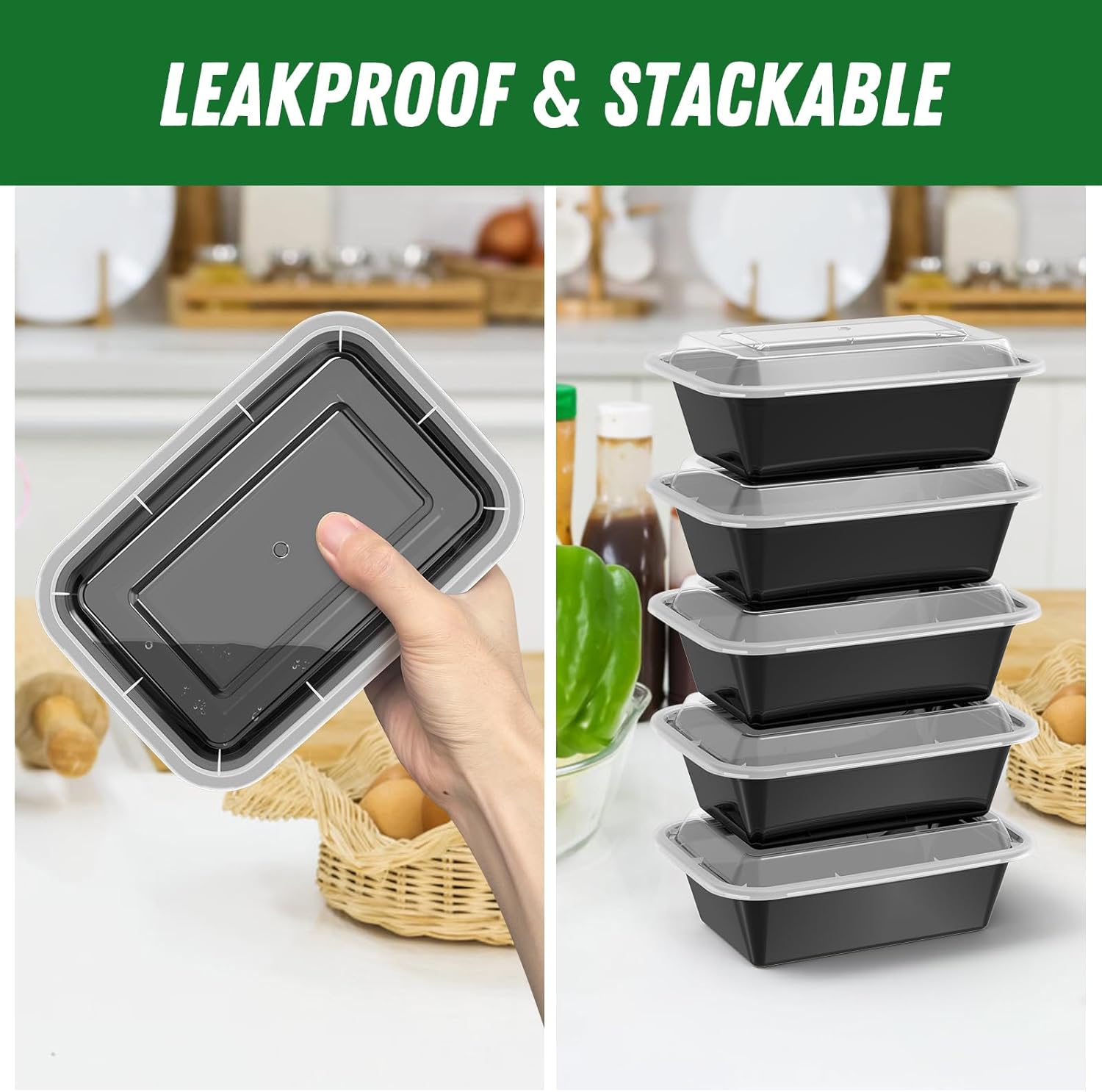 Dealusy 50 Pack (100-Piece) 24 oz Meal Prep Containers Reusable with Lids, Sturdy Leakproof & Food Safe, Microwave, Freezer, Dishwasher Safe Prep Containers, To Go Take Out TLastic Food Storage