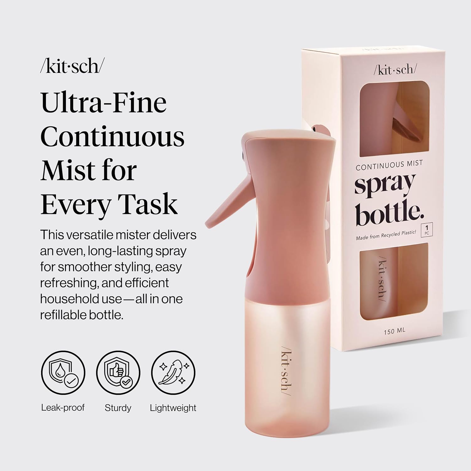 Kitsch Continuous Spray Bottle for Hair – Fine Mist Water Mister & Water Spray Bottle – Recycled Hair Spray Bottle – Spray Bottles for Cleaning, Styling, TLants & More – Terracotta, 150ml