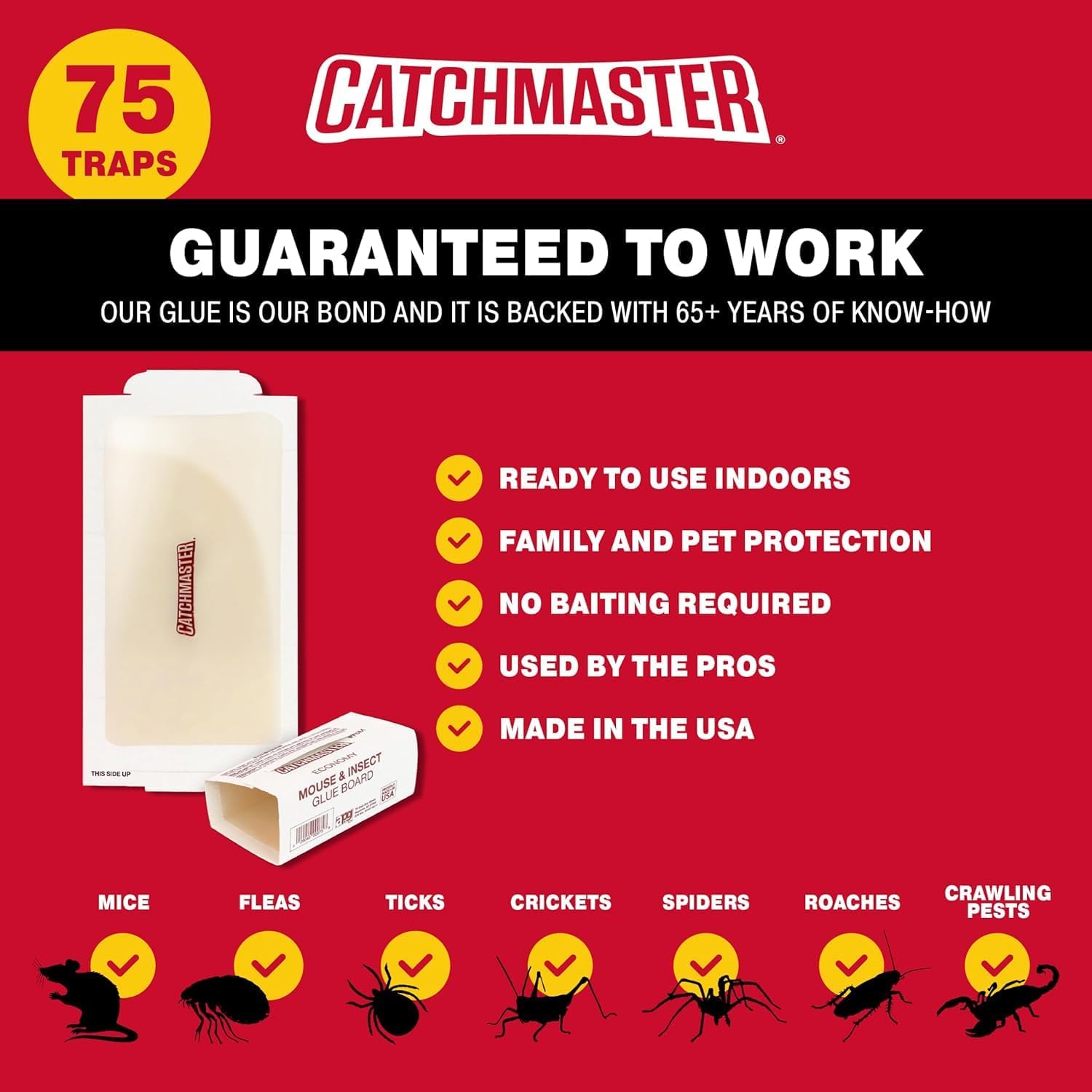Catchmaster Compact Sticky Insect & Mouse Traps 75-Count, 3.5"x7" Glue Boards for Mice & Insects, Ultra Sticky Mouse Traps Indoor for Home Use in Garages, Basements & Attics, Capture in Tight TLaces