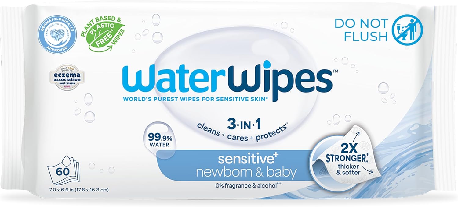 WaterWipes Sensitive+ Newborn & Baby Wipes, 3-in-1 cleans, cares, protects, 99.9% water, unscented & hypoallergenic, 60 count, 2x stronger, thicker & softer